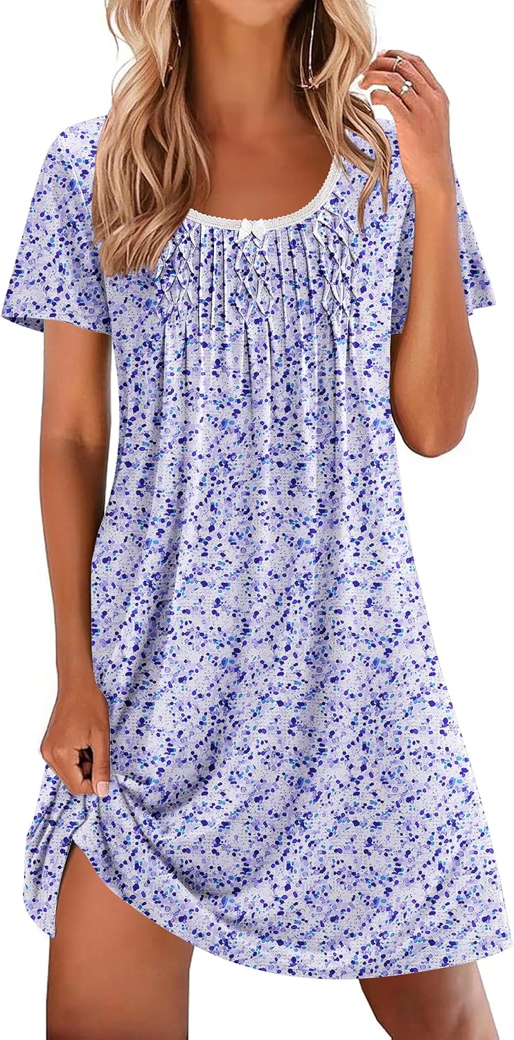 Ekouaer Nightgowns for Women Pleated Sleep Shirts Short Sleeve Night Shirts