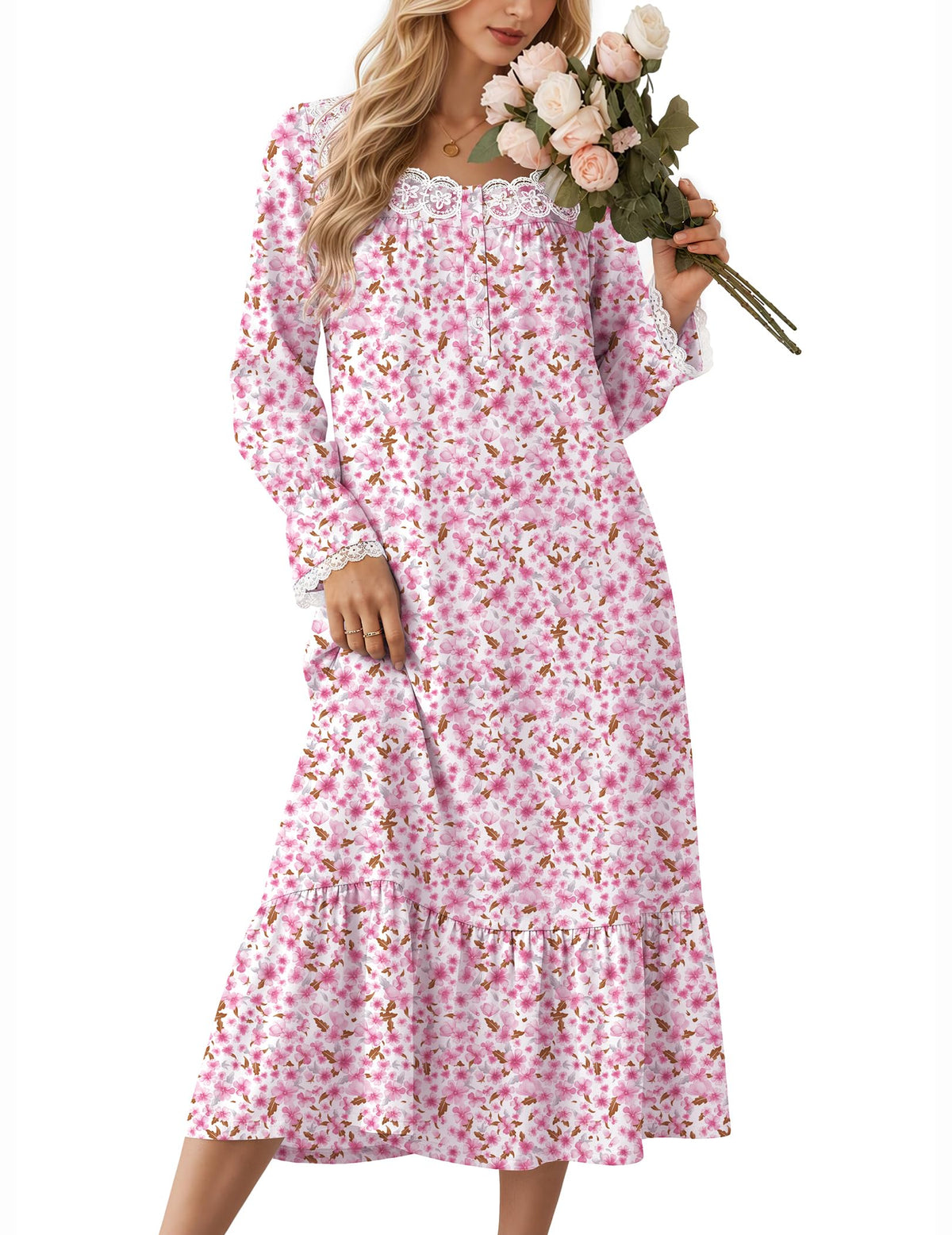 Ekouaer Cotton Nightgowns for Women Long Sleeve Night Gown Lace Sleepwear