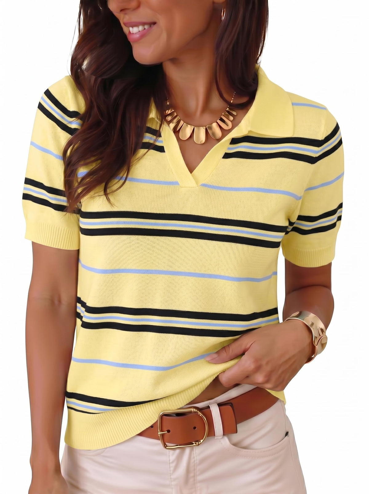 Dokotoo Women Short Sleeve Sweater V Neck Knit Tops Business Casual Collared Work Shirt