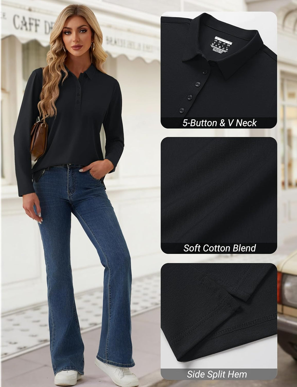 YUCOLEN Long Sleeve Polo Shirts for Women 5-Button Collared Golf Tops