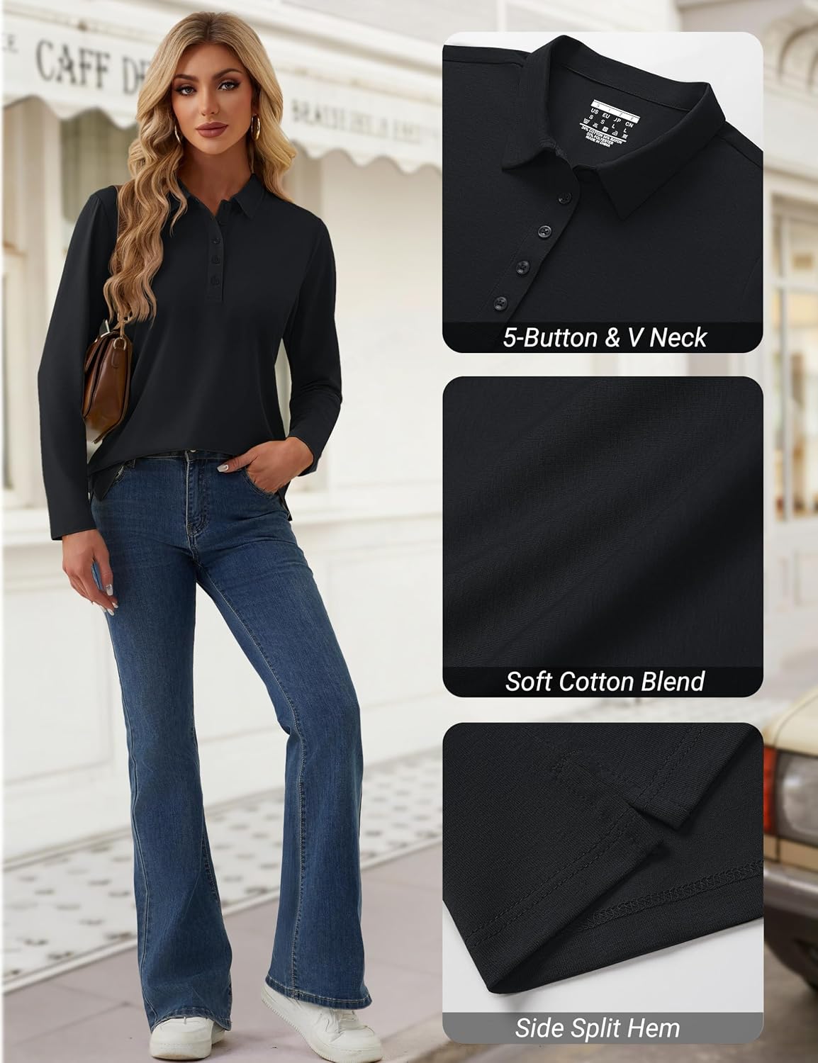 YUCOLEN Long Sleeve Polo Shirts for Women 5-Button Collared Golf Tops