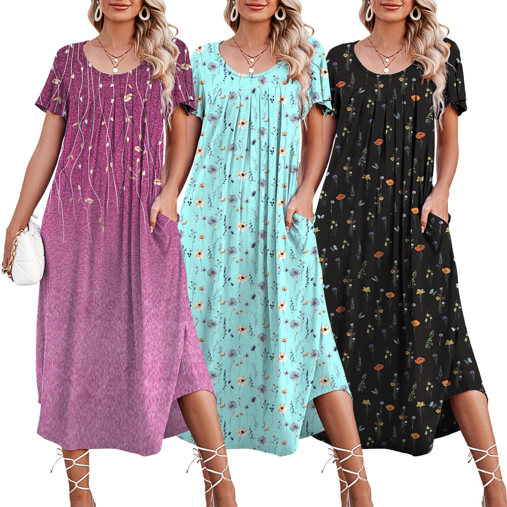 Ekouaer 3 Pack Long Nightgowns for Women House Dress with Pocket Moo Moos