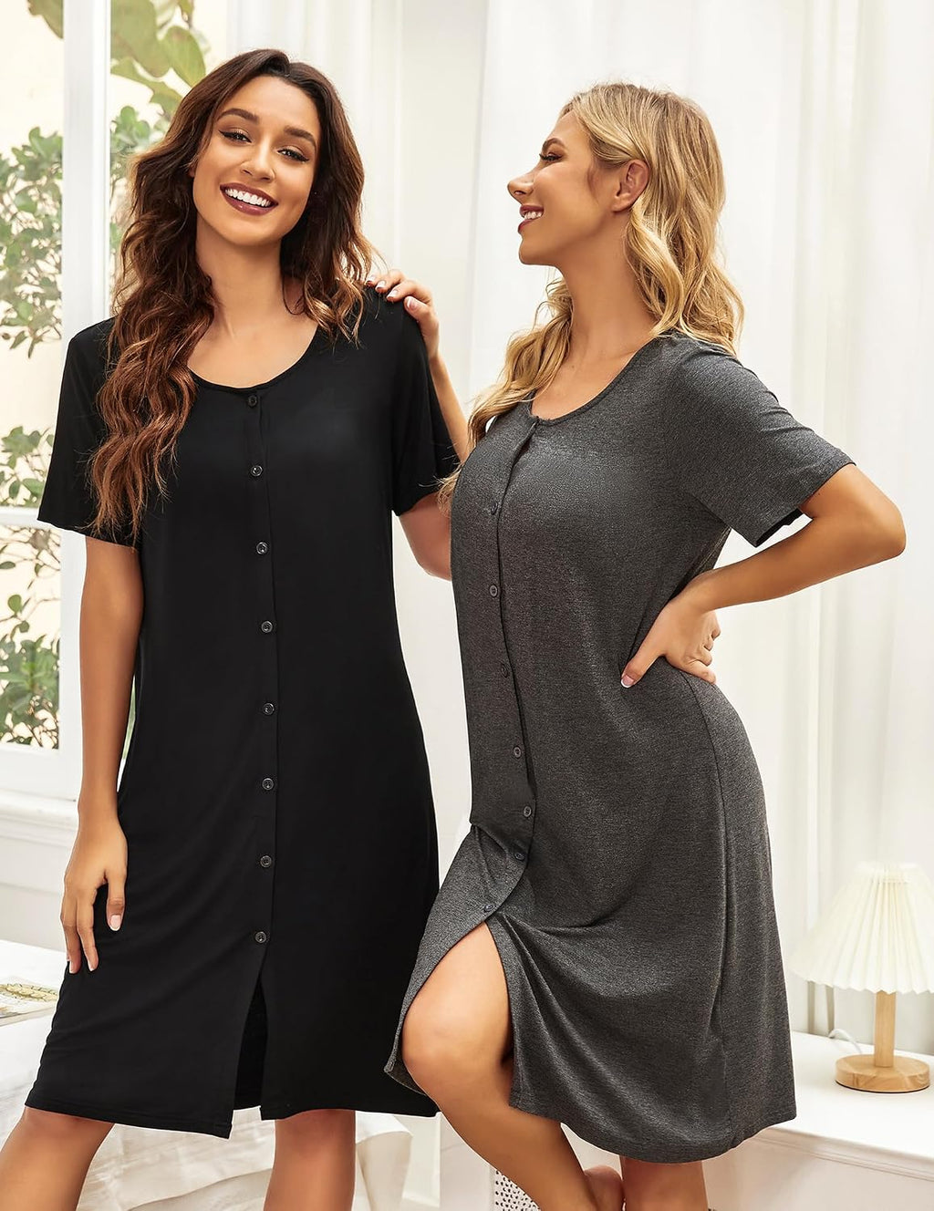 Ekouaer 2 Pack Nightgowns for Women Button Down Sleepshirts Night Gowns