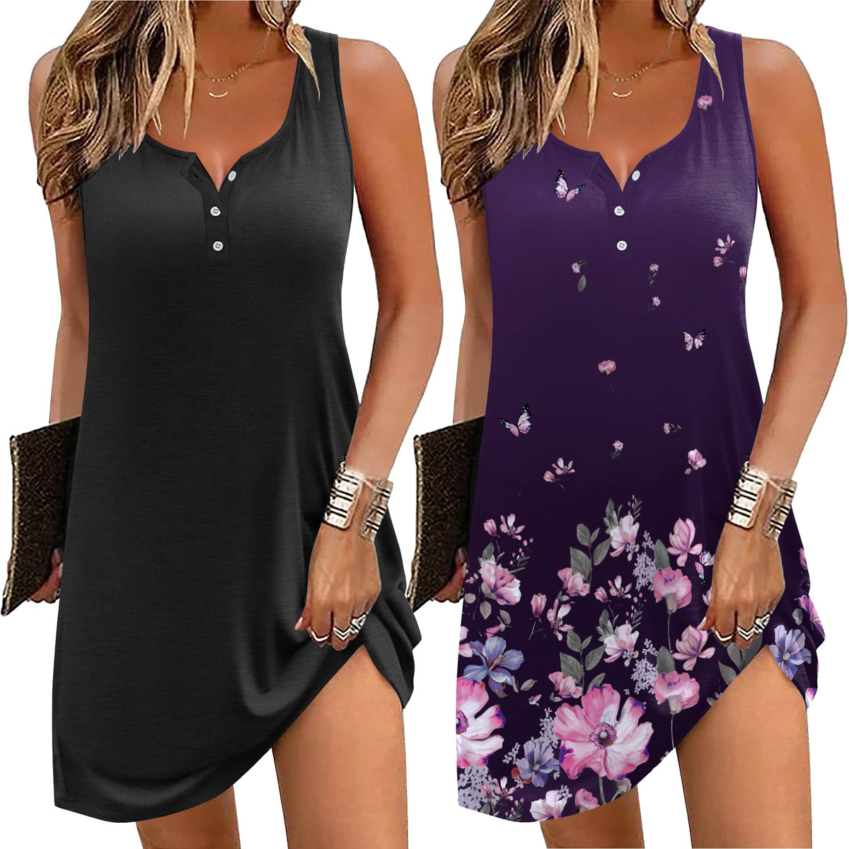 Ekouaer Tank Nightgowns for Women 2 Pack Sexy Night Gown Sleeveless Sleepwear Soft Sleep Dress Button Sleepshirt