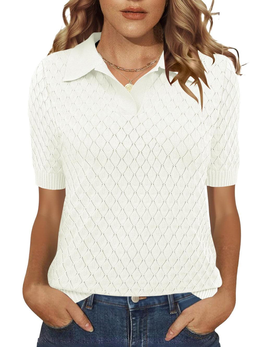 Rapbin Womens Short Sleeve Knit Polo Shirts Summer Spring Sweater Tops