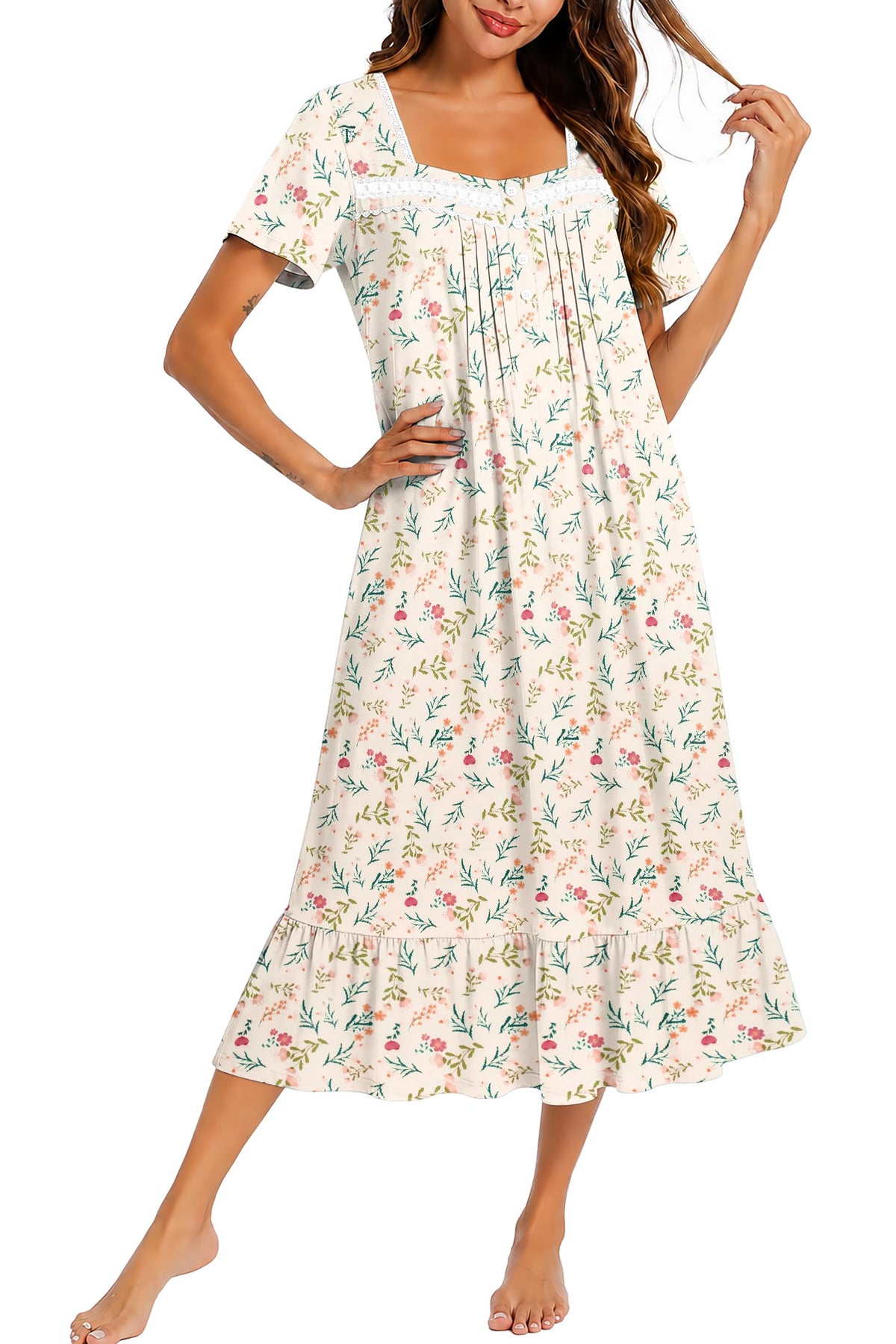 Ekouaer Cotton Long Nightgowns for Women Short Sleeve Button House Dress