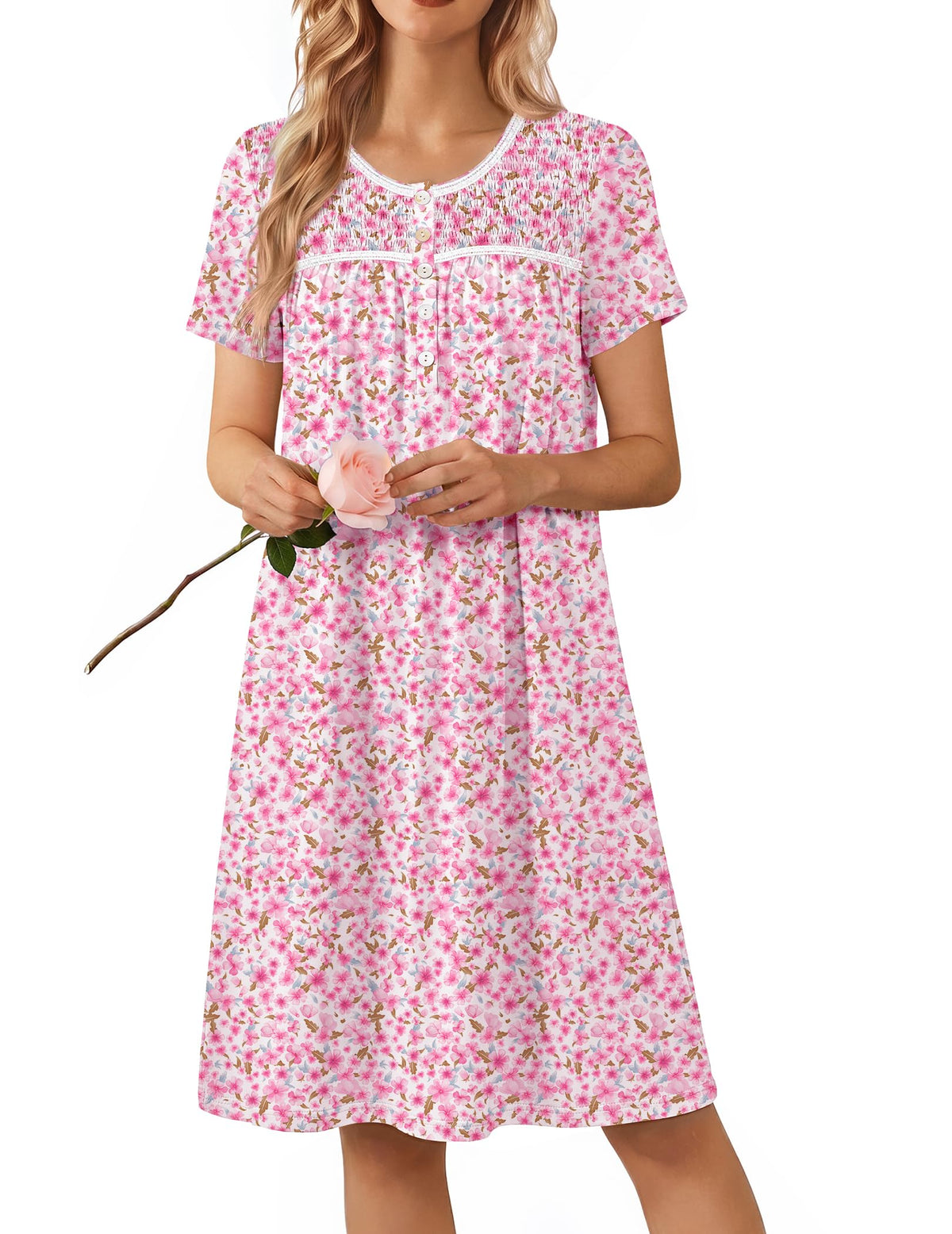 Ekouaer Nightgowns for Women Smocked Night Gown Short Sleeve Sleepshirts