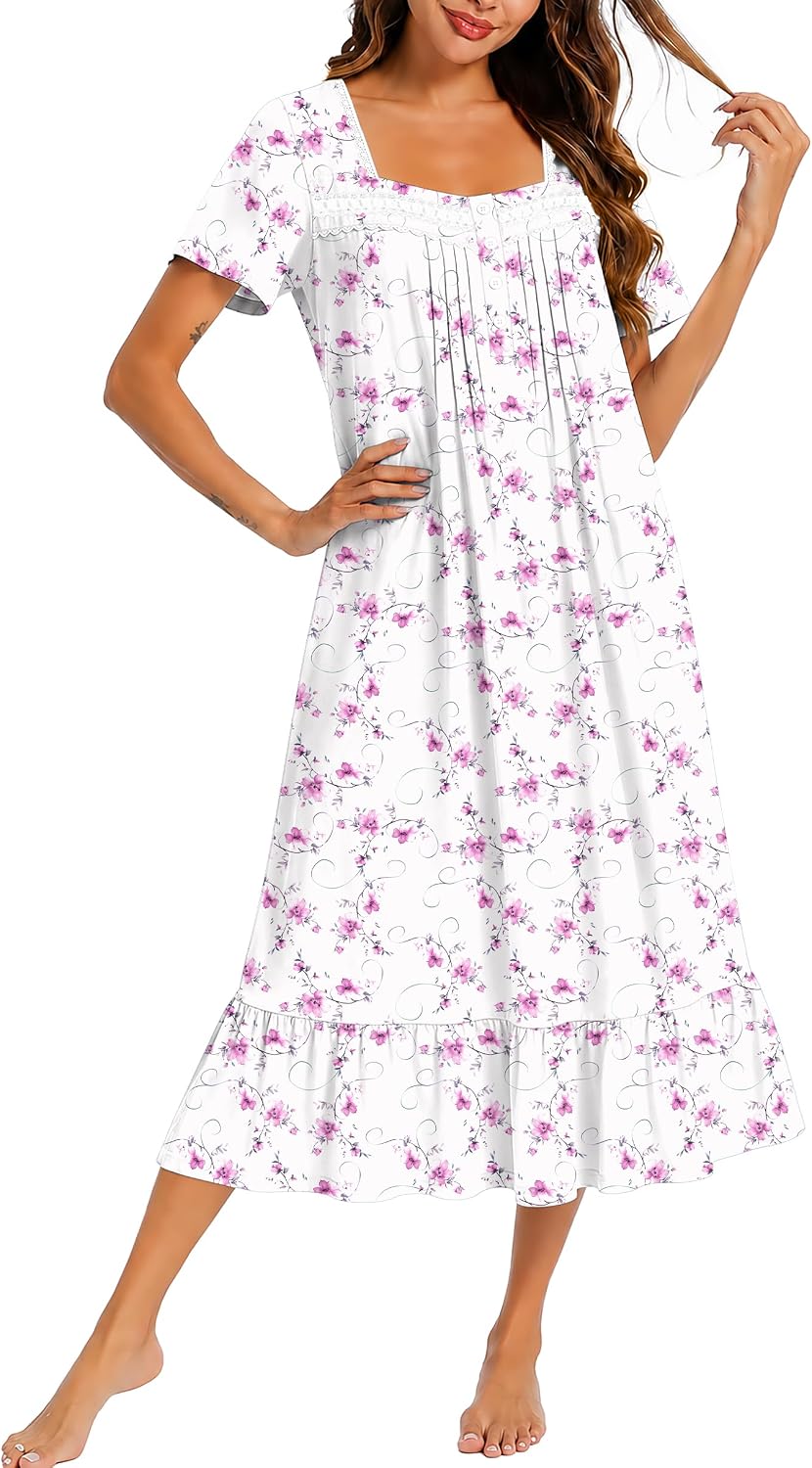 Ekouaer Cotton Long Nightgowns for Women Short Sleeve Button House Dress