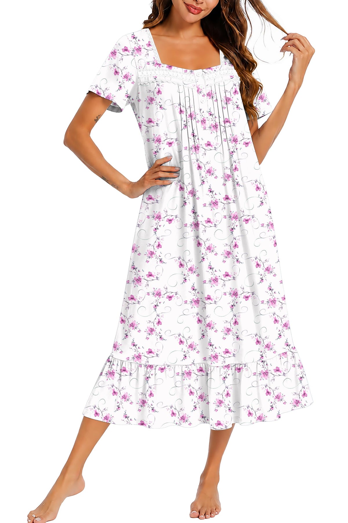 Ekouaer Cotton Long Nightgowns for Women Short Sleeve Button House Dress