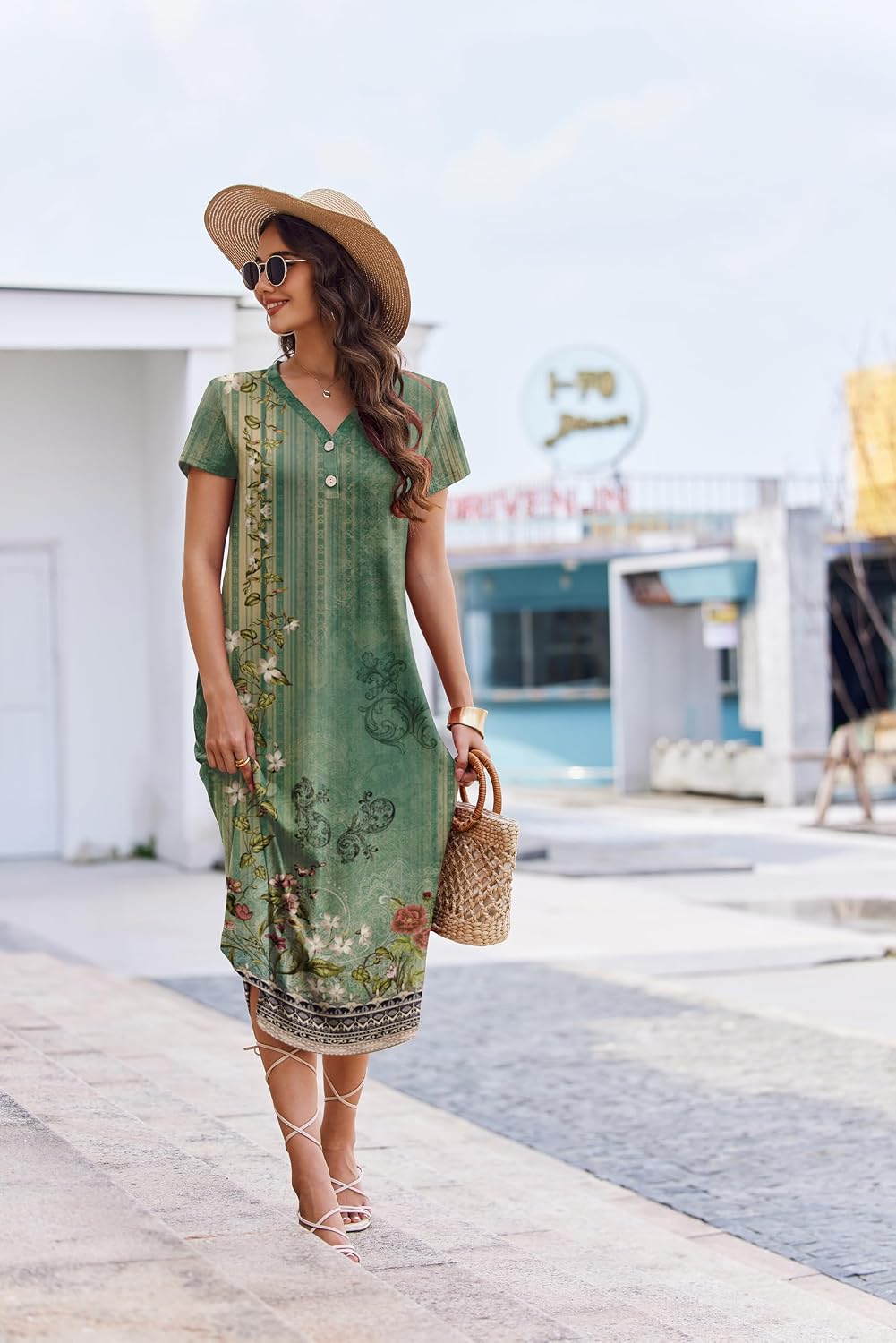Ekouaer Long Nightgowns For Women Short Sleeve Midi Nightgown With Pockets