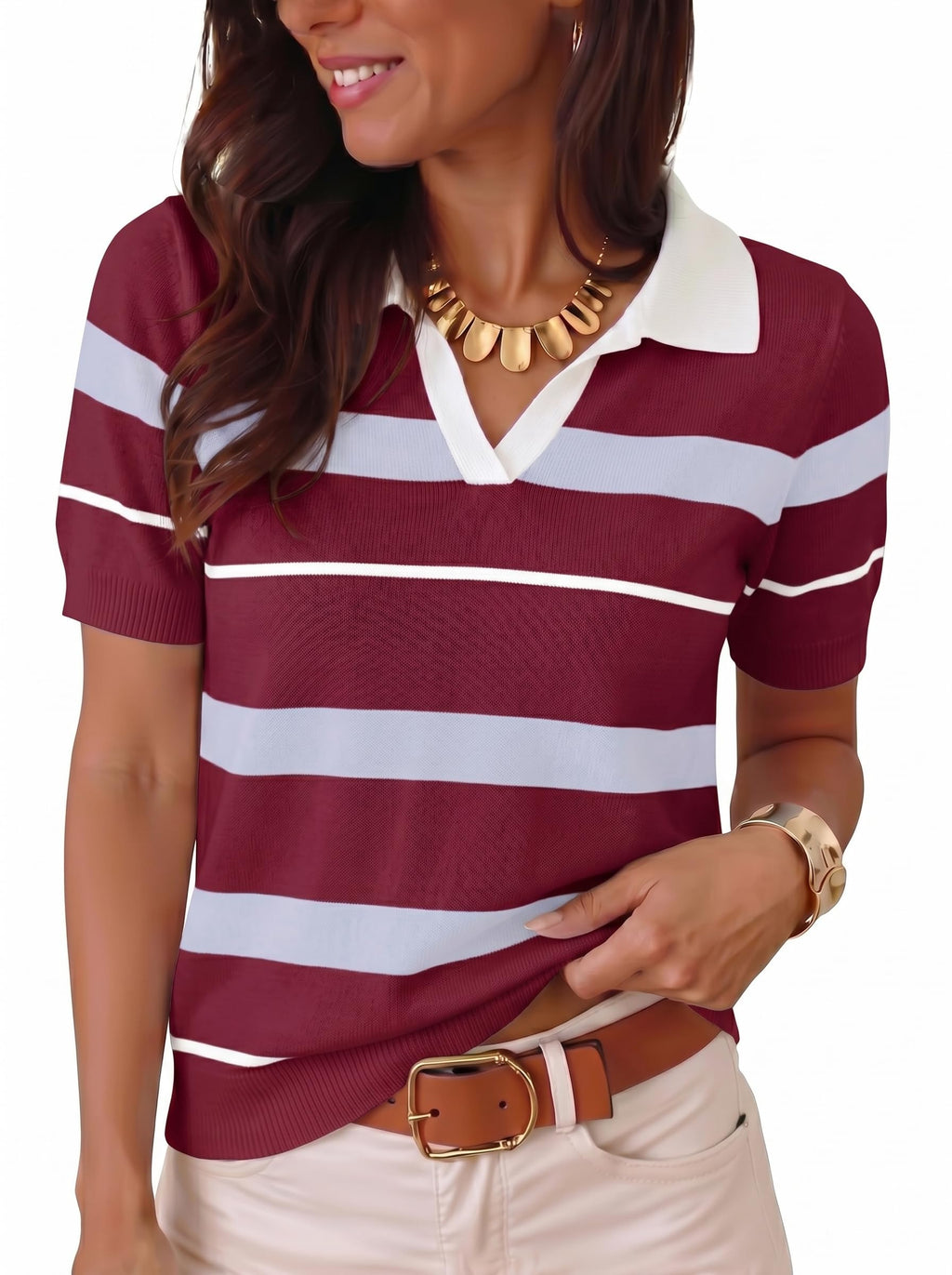 Dokotoo Women Short Sleeve Sweater V Neck Knit Tops Business Casual Collared Work Shirt