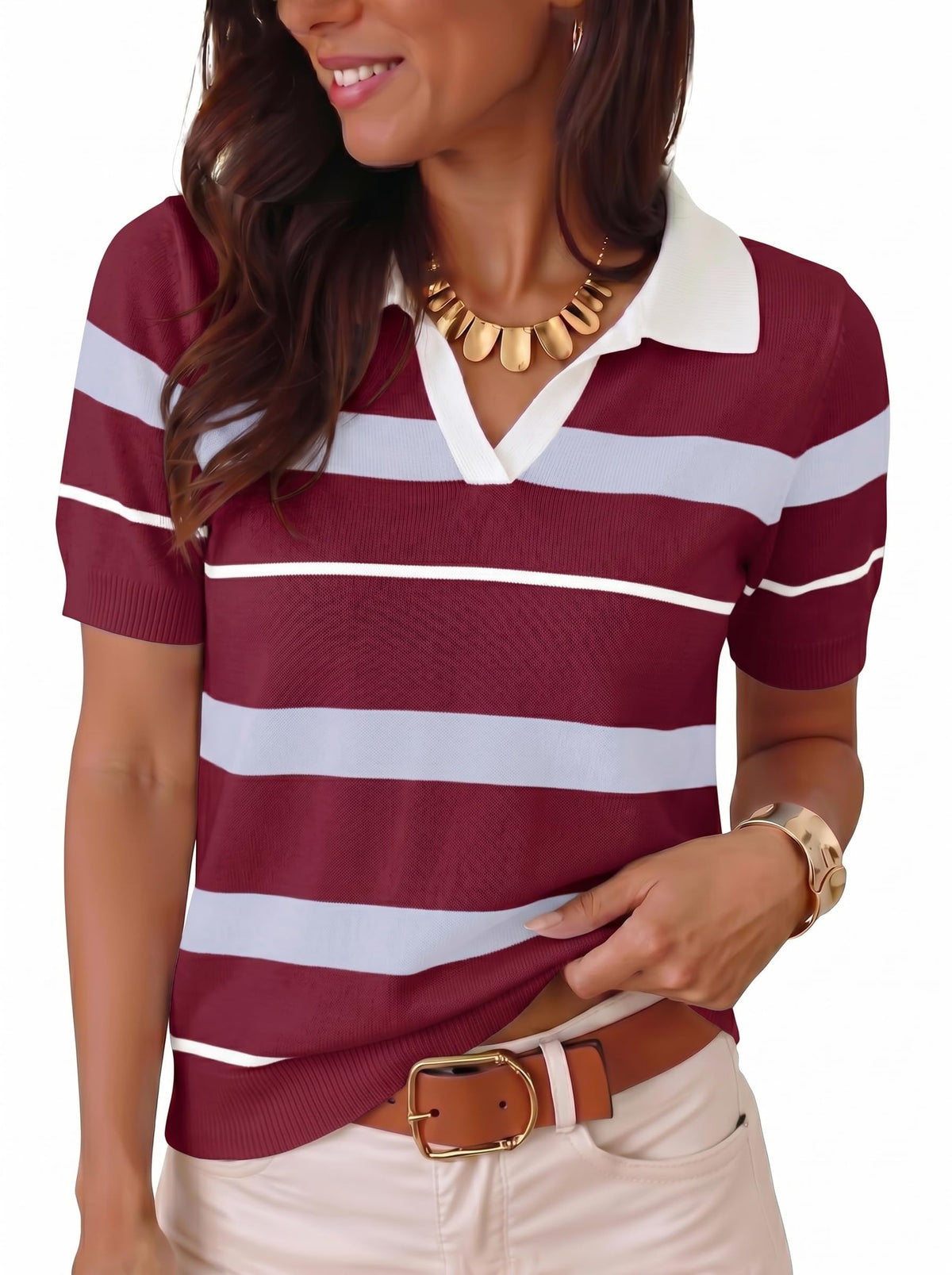 Dokotoo Women Short Sleeve Sweater V Neck Knit Tops Business Casual Collared Work Shirt