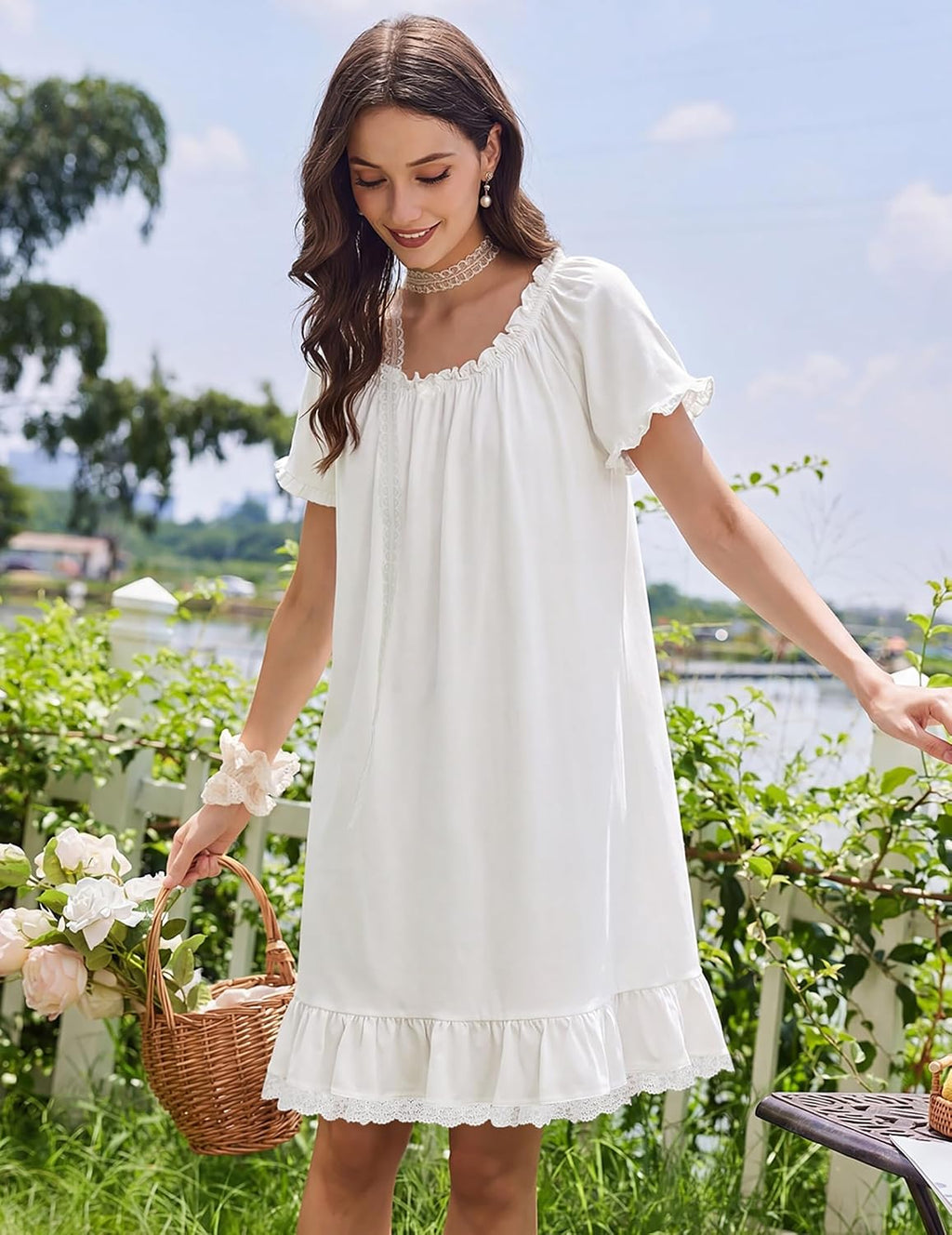 Ekouaer Cotton Nightgowns for Women Short Sleeve Victorian Night Gowns