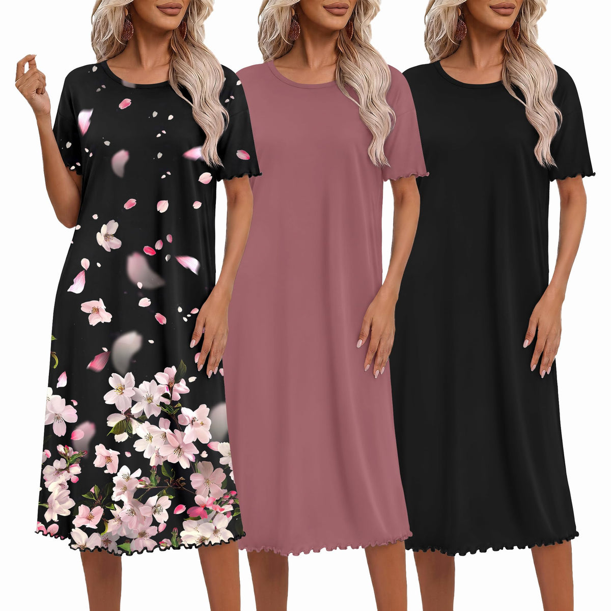 Ekouaer 3 Pack Long Nightgowns for Women Ruffle House Dress