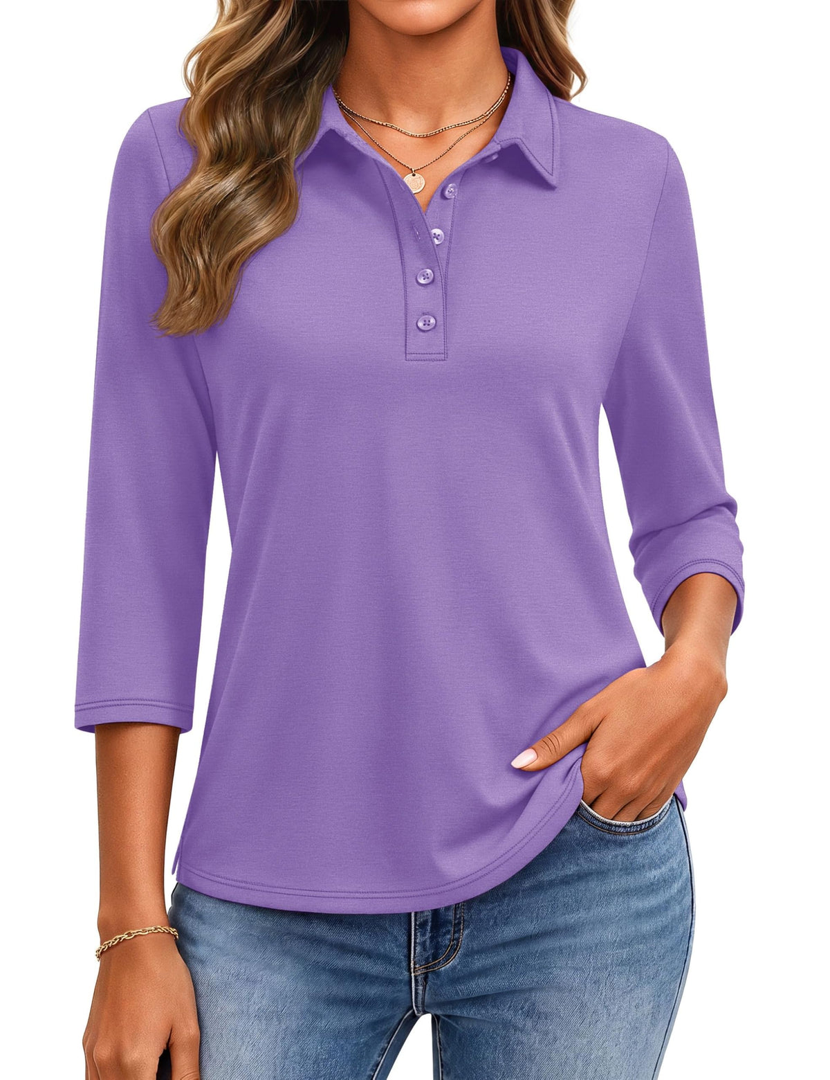 YUCOLEN Polo Shirts for Women 3/4 Sleeve Tops Golf Tees 5-Button Collared