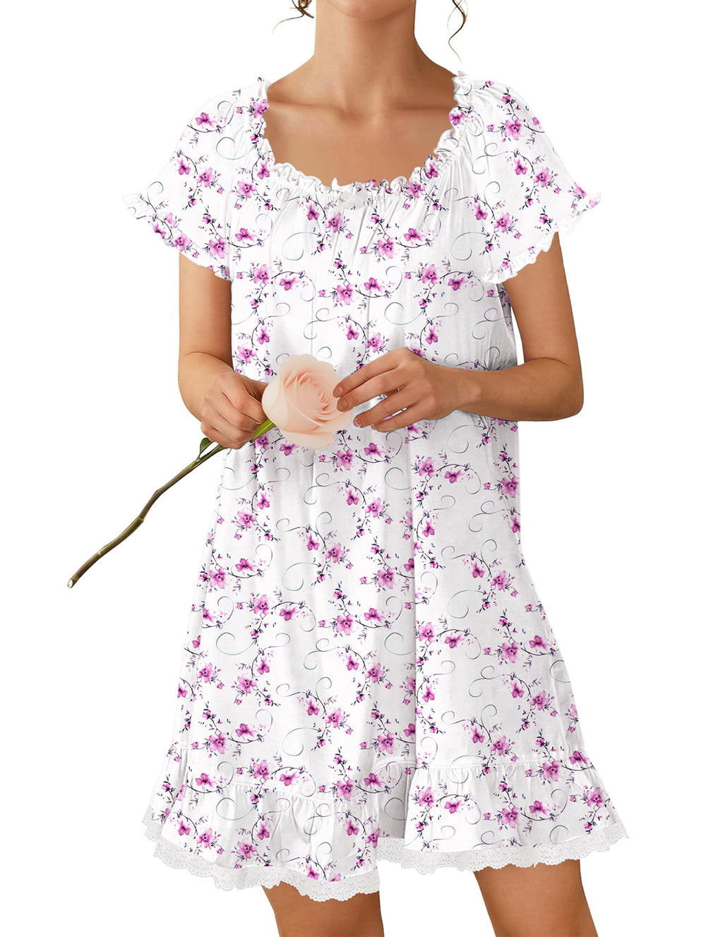 Ekouaer Cotton Nightgowns for Women Short Sleeve Victorian Night Gowns