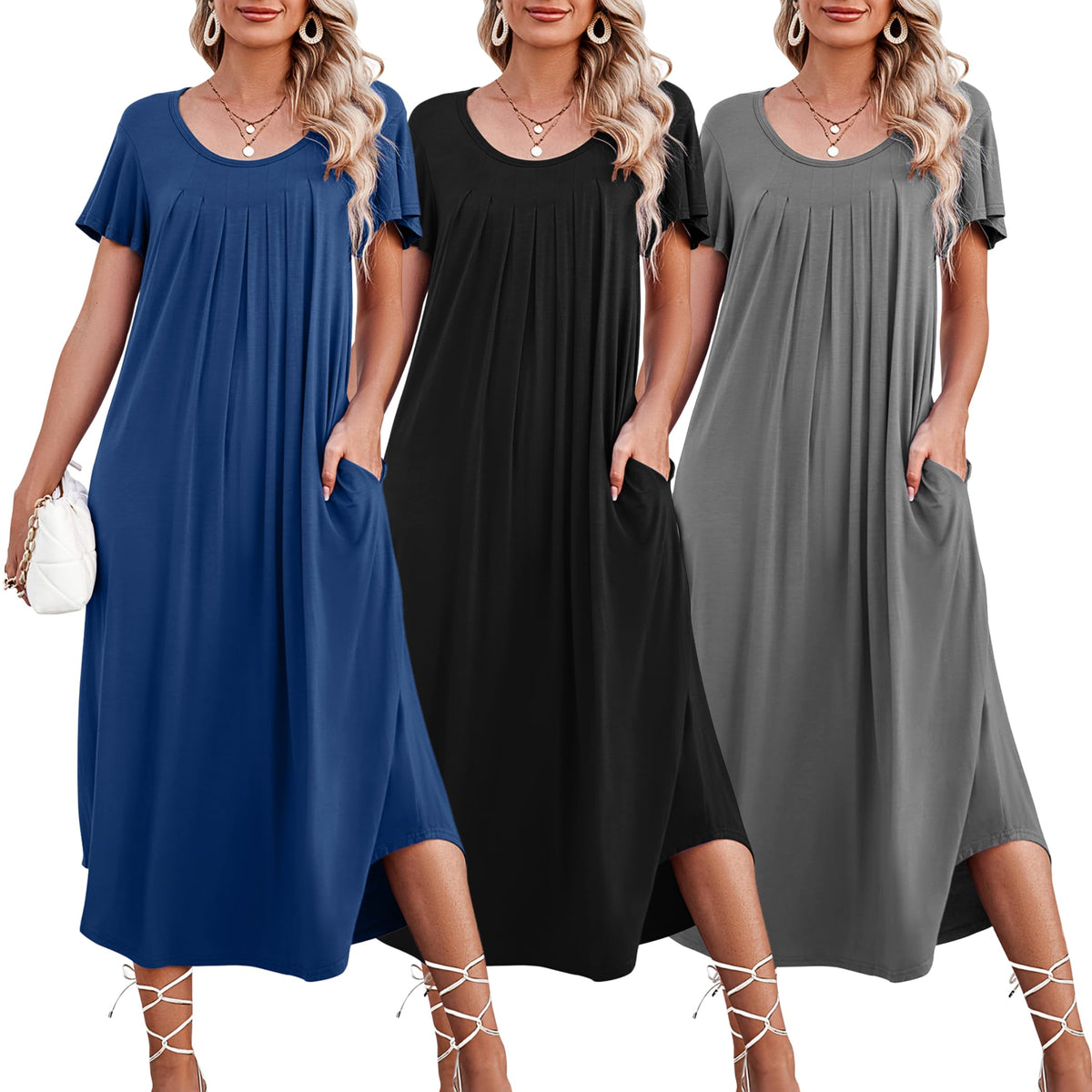 Ekouaer 3 Pack Long Nightgowns for Women House Dress with Pocket Moo Moos