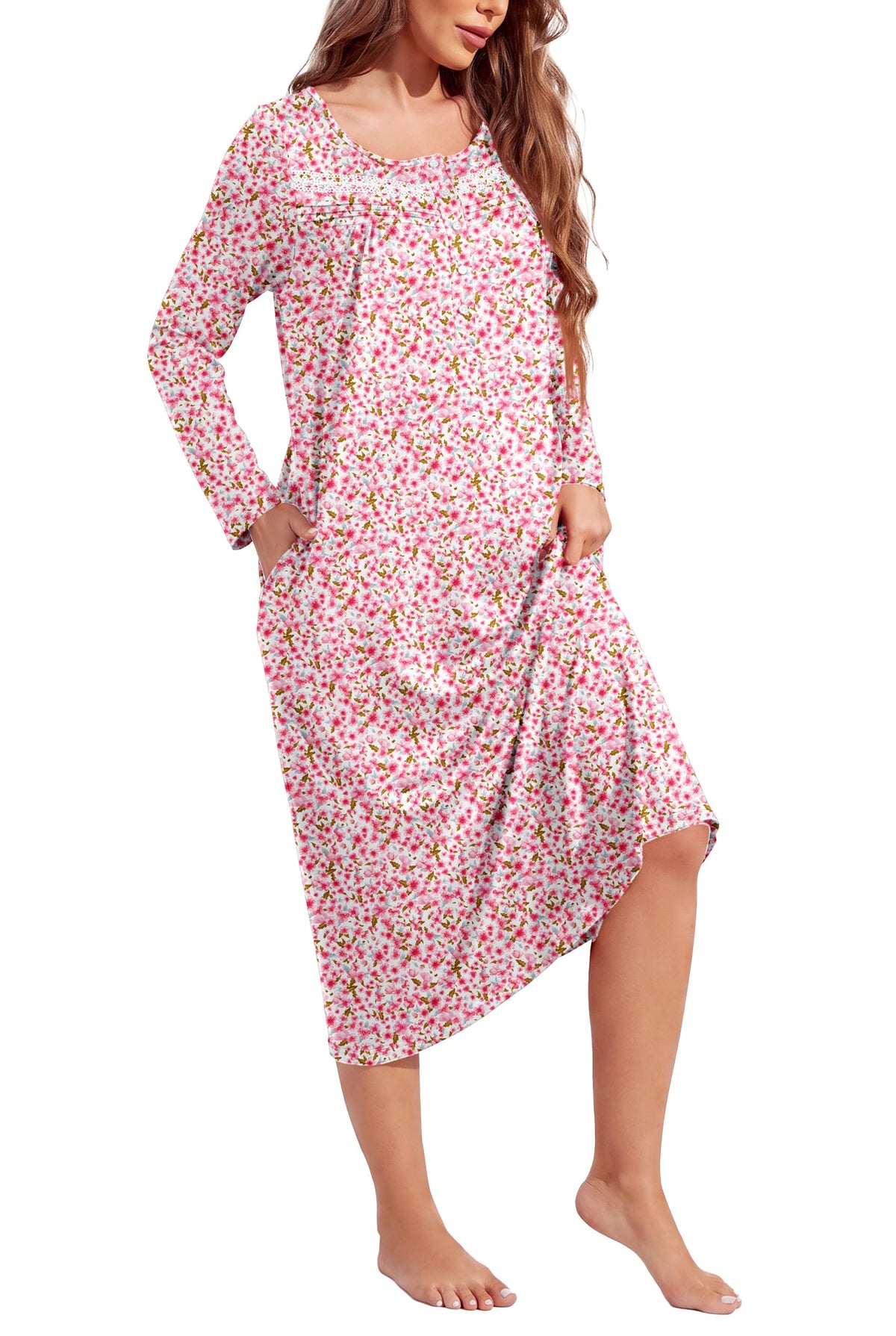 Ekouaer Long Sleeve Nightgown for Women Long Henley House Dress with Pocket