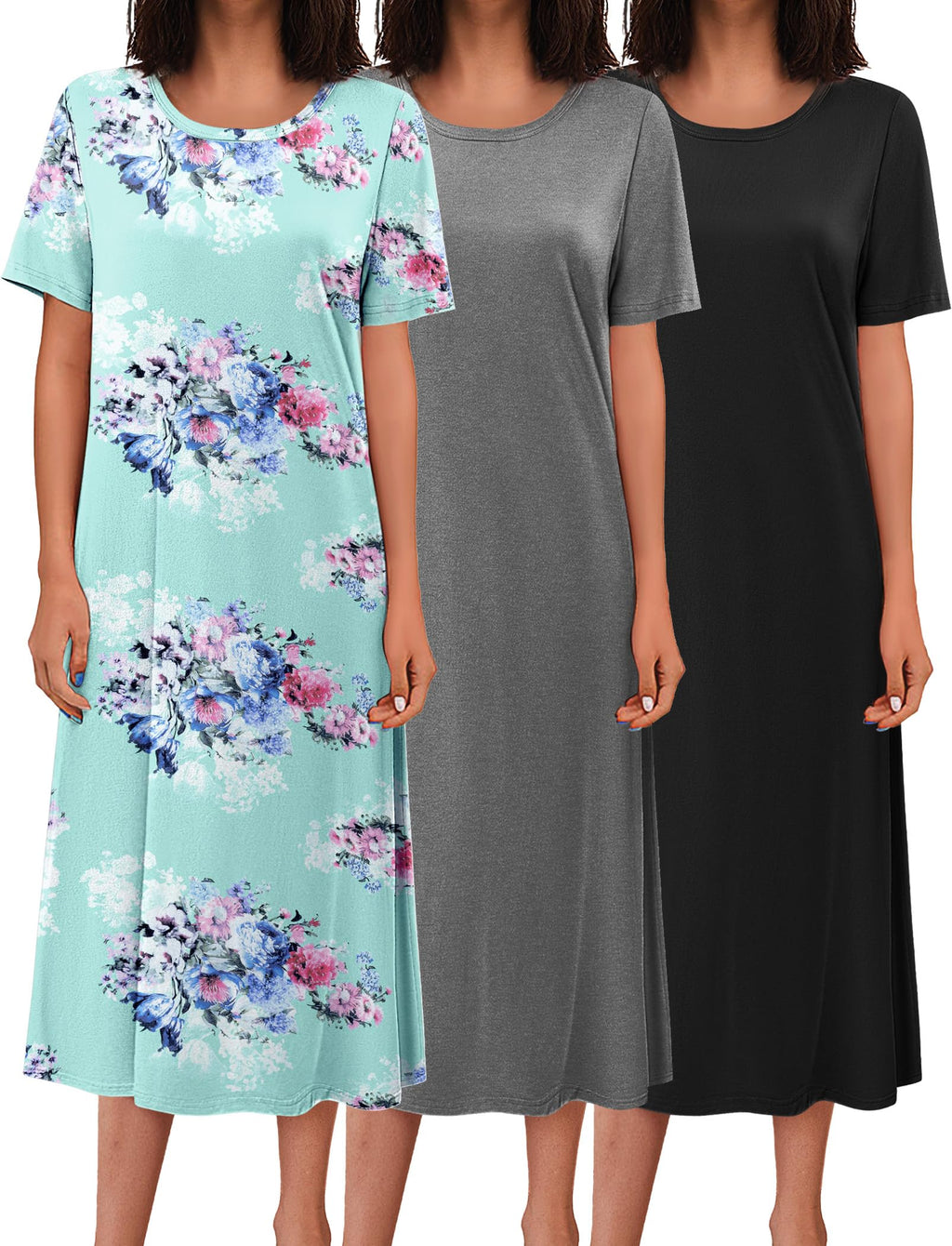 Ekouaer 3 Pack Long Nightgowns for Women House Dress Plus Size Nightshirt