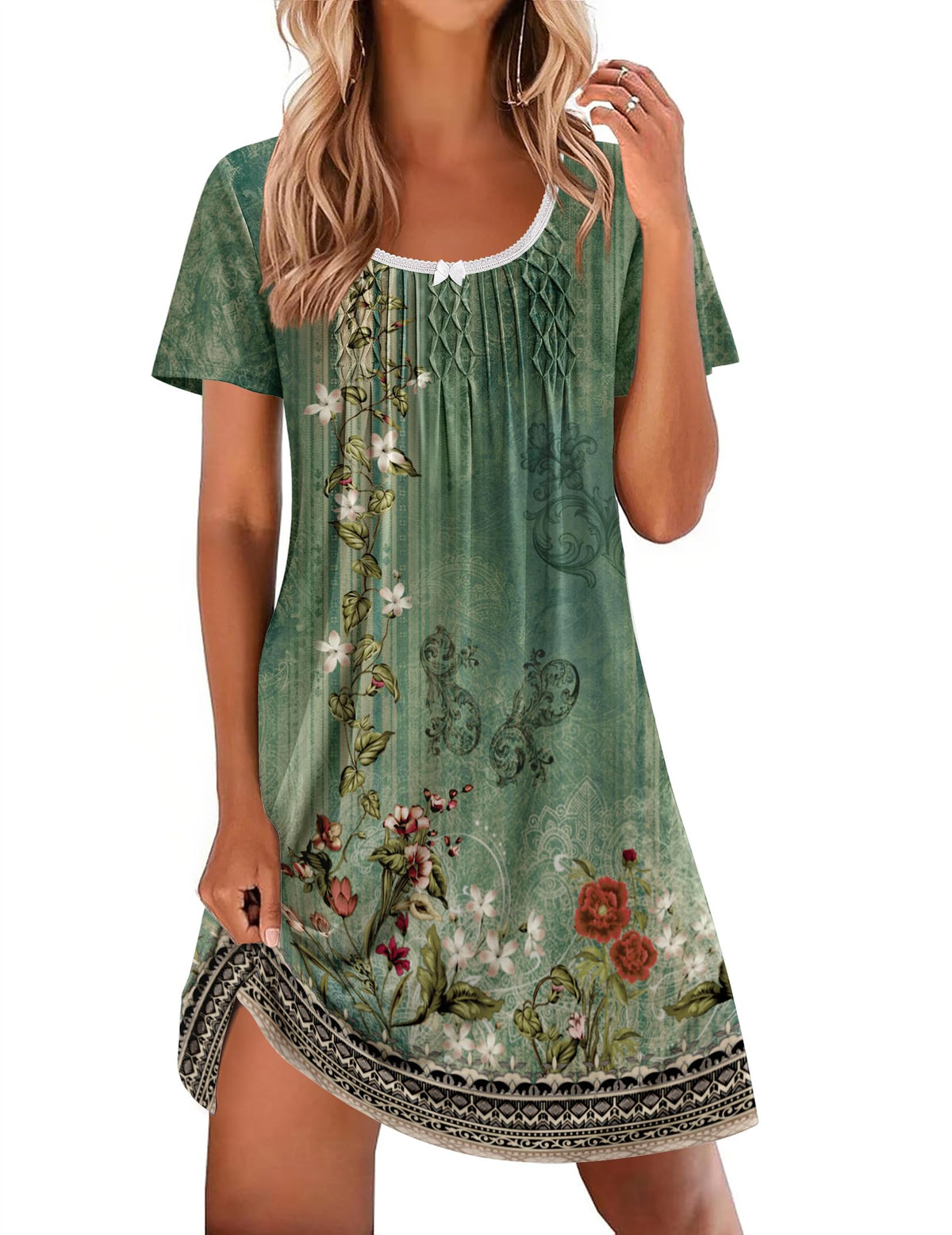 Ekouaer Nightgowns for Women Pleated Sleep Shirts Short Sleeve Night Shirts