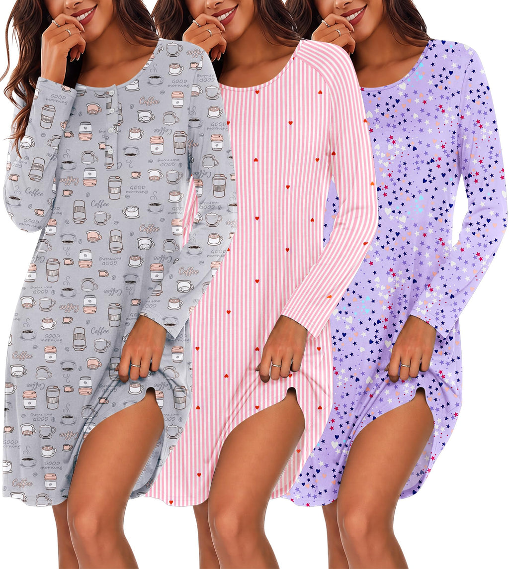 Ekouaer 3 Pack Nightgowns for Women Long Sleeve Sleepshirt Soft Nightshirt