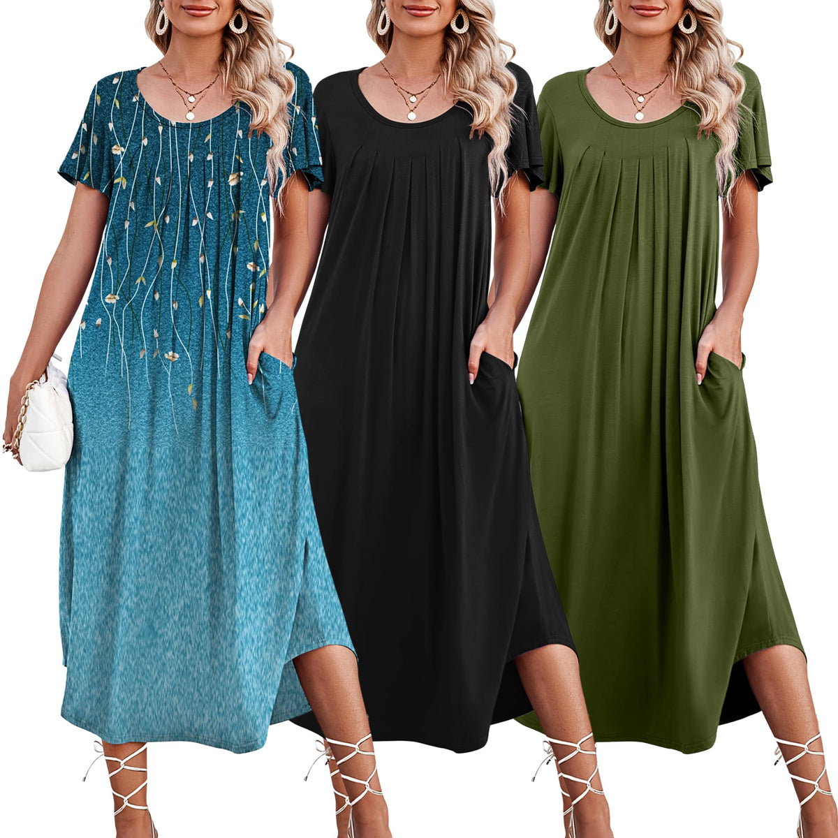 Ekouaer 3 Pack Long Nightgowns for Women House Dress with Pocket Moo Moos