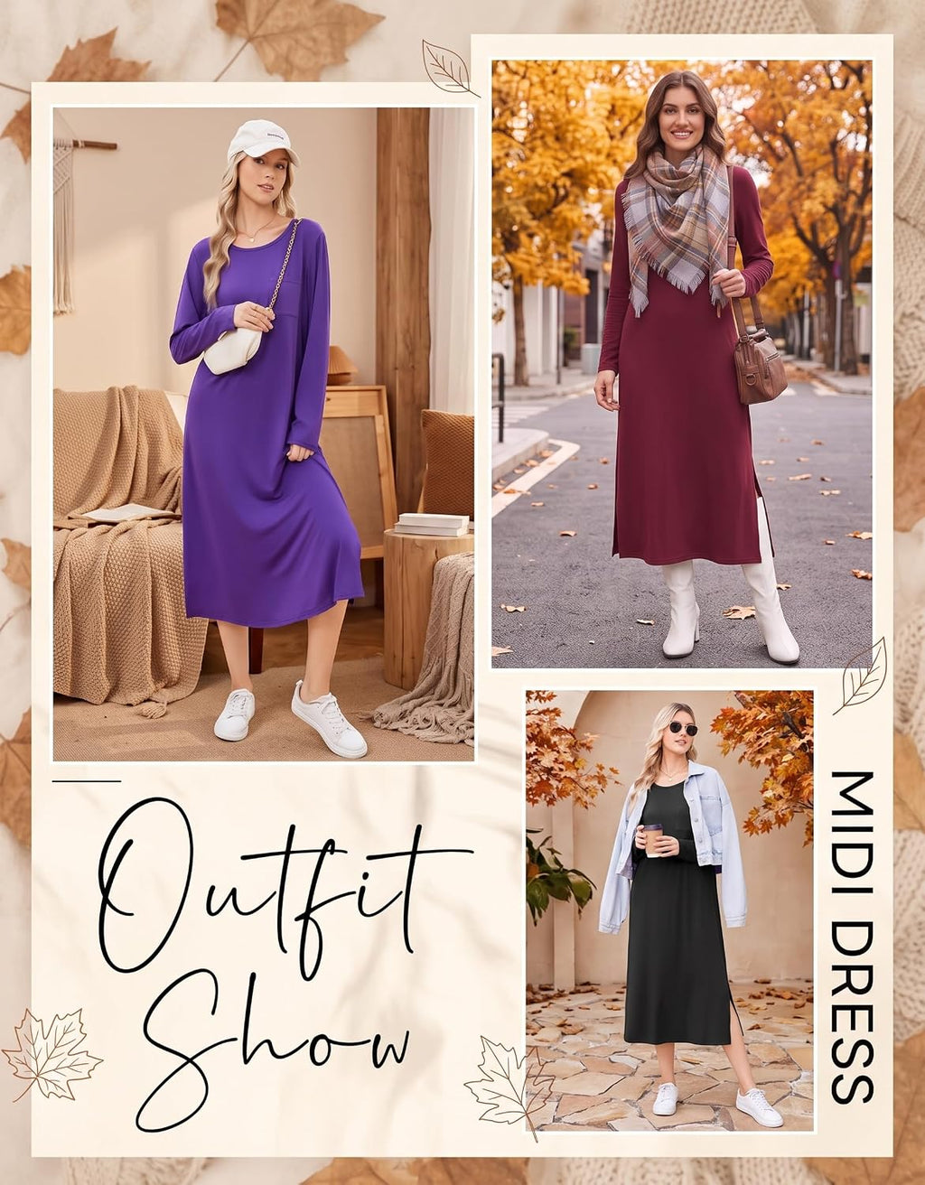 Ekouaer 3 Pack Long Sleeve Full Length Chest Pocket Nightgowns for Women