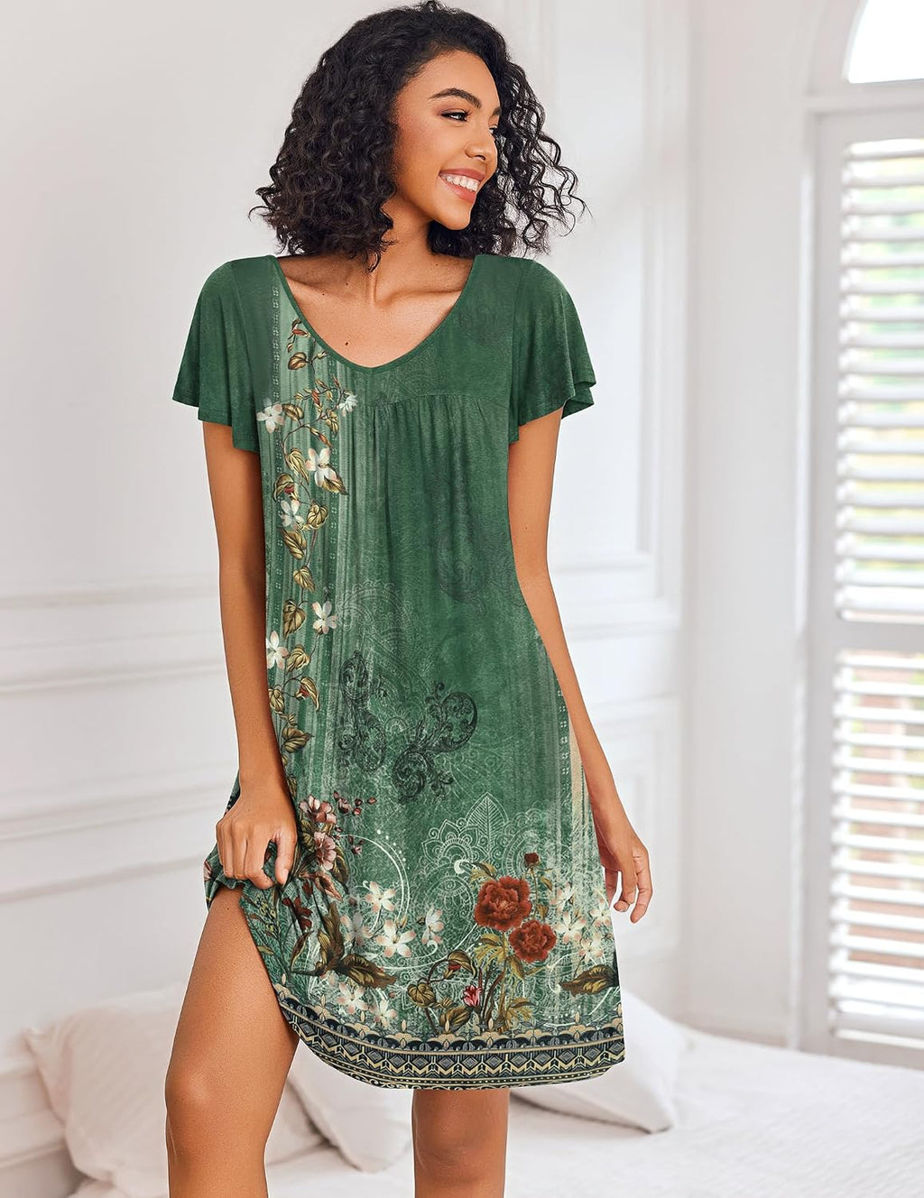 Ekouaer Nightgowns for Women Short Sleeve House Dress Pleated Night Gown