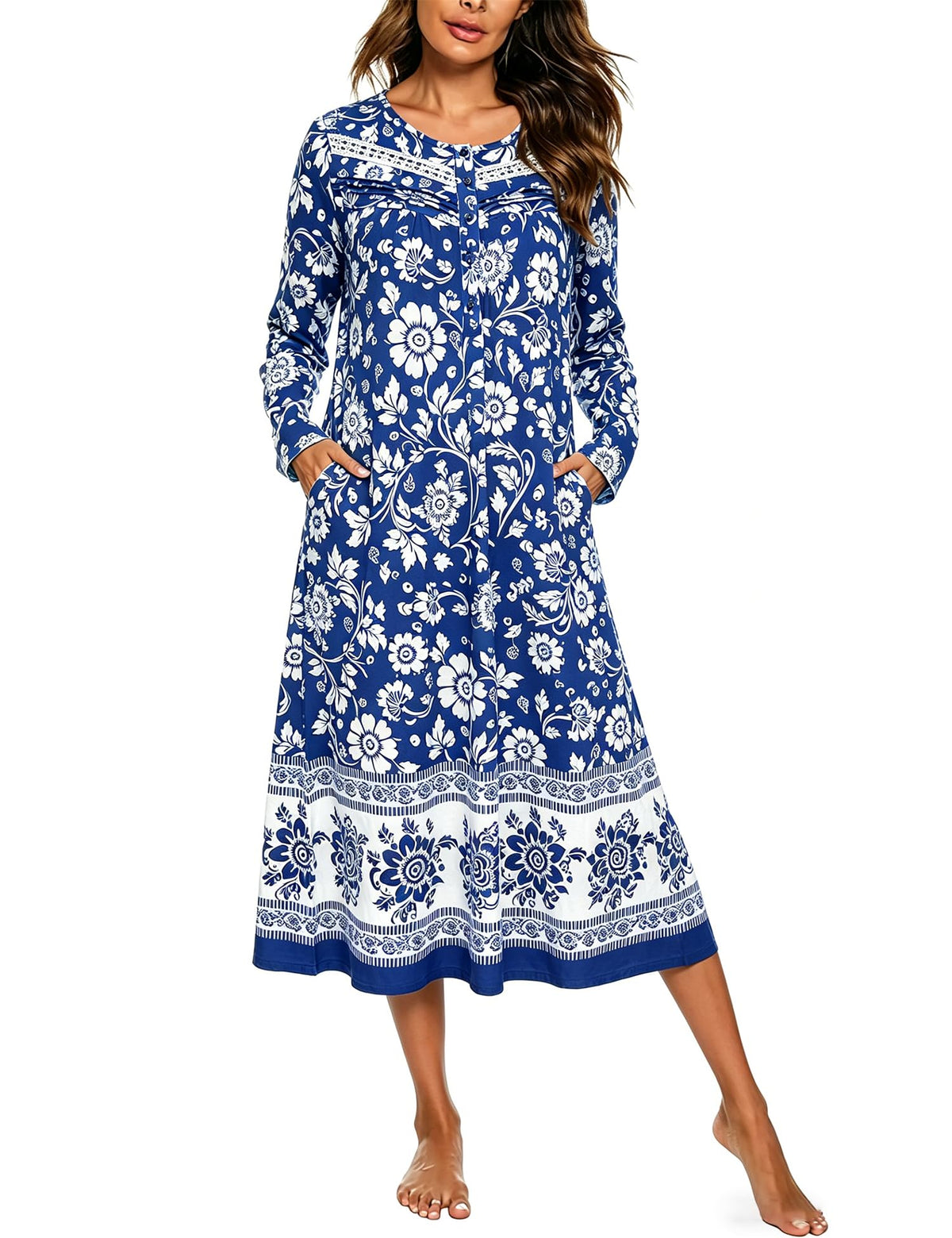YOZLY Nightgowns for Women Soft Cotton Long Sleeve Night Gwon with Pockets