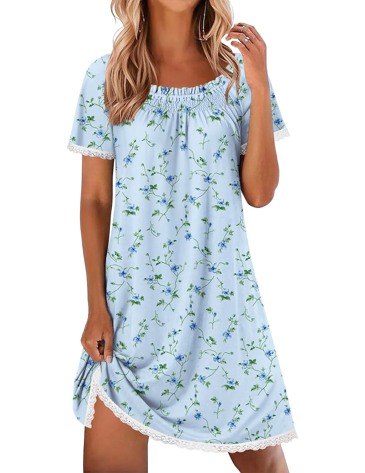 Ekouaer Cotton Nightgowns for Women Short Sleeve Pleated Sleep Shirts