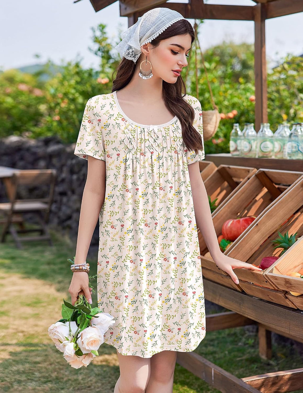 Ekouaer Nightgowns for Women Pleated Sleep Shirts Short Sleeve Night Shirts