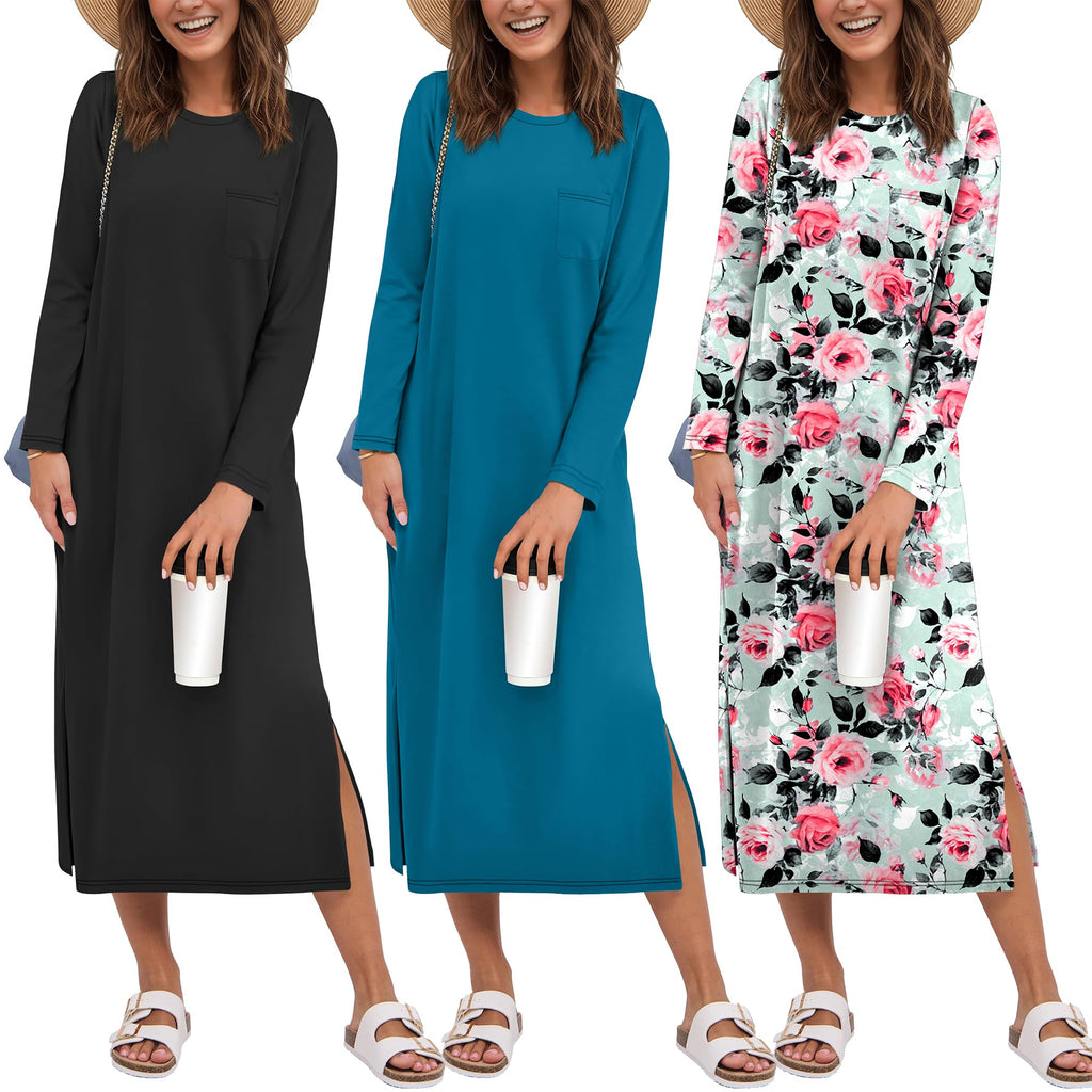 Ekouaer 3 Pack Long Sleeve Full Length Chest Pocket Nightgowns for Women