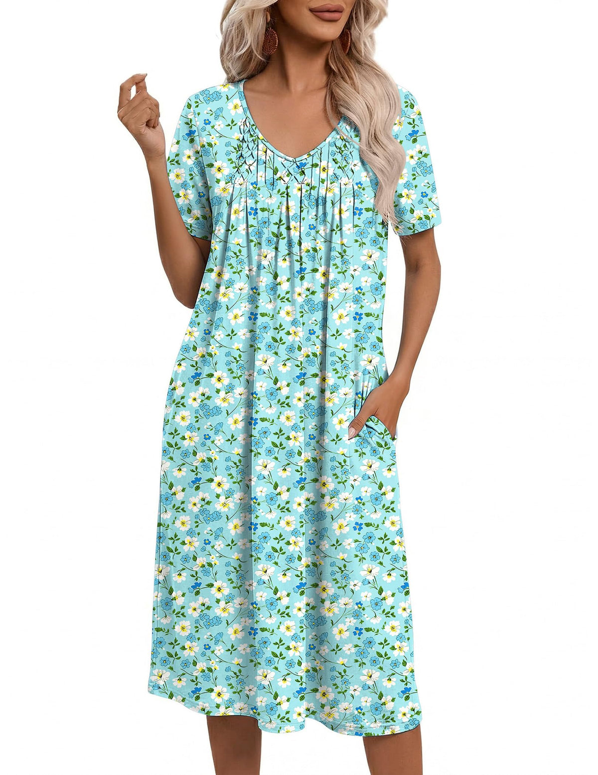 Ekouaer Nightgowns for Women with Pockets House Dress Pleated Night Gowns
