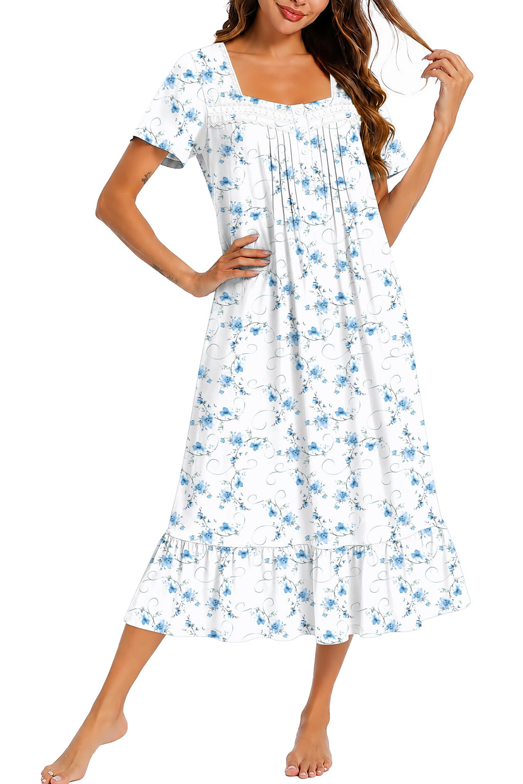 Ekouaer Cotton Long Nightgowns for Women Short Sleeve Button House Dress