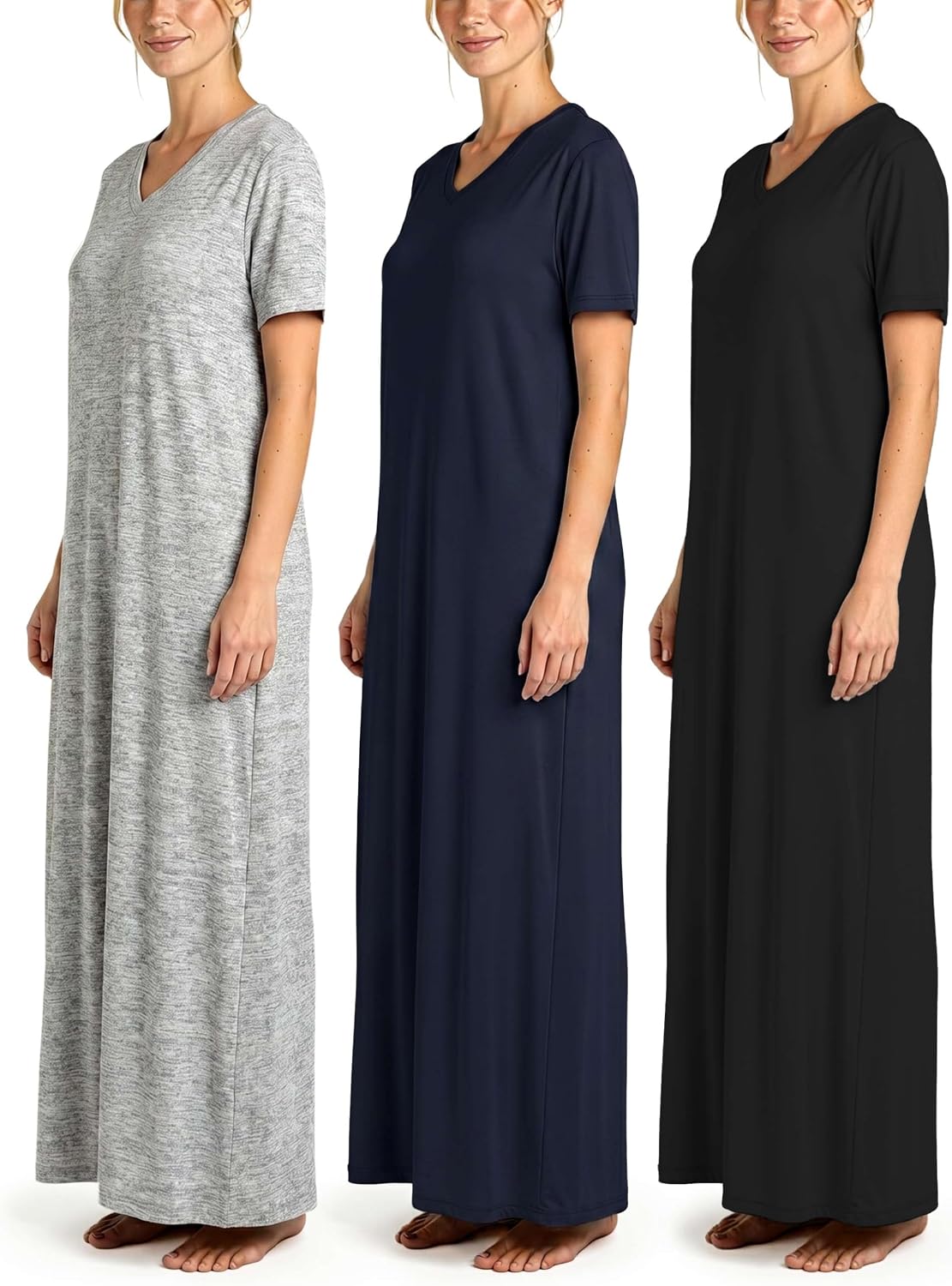 3 Pack Women's Maxi Long Nightgowns Short Sleeve Night Shirt PJ Sleep Dress