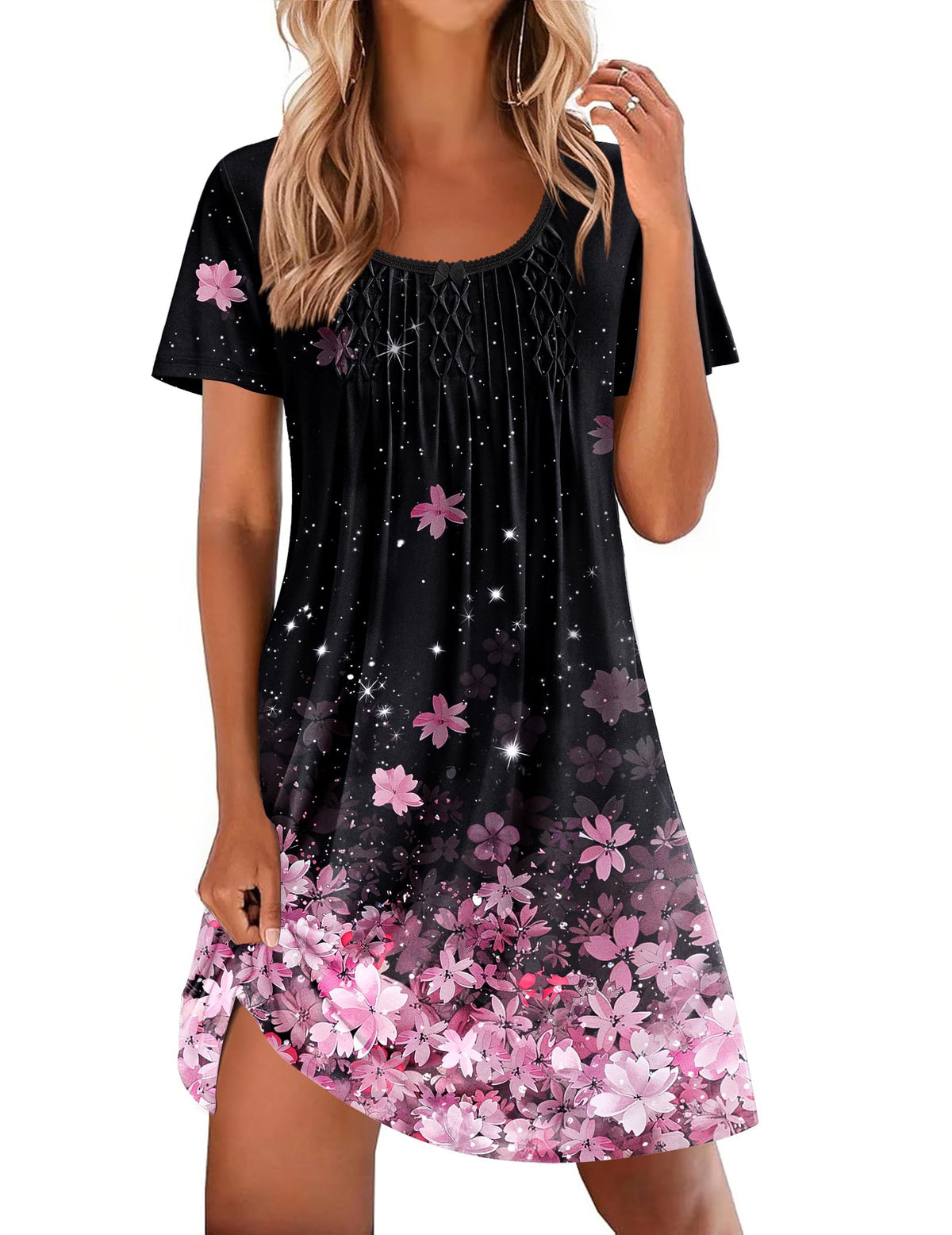 Ekouaer Nightgowns for Women Pleated Sleep Shirts Short Sleeve Night Shirts