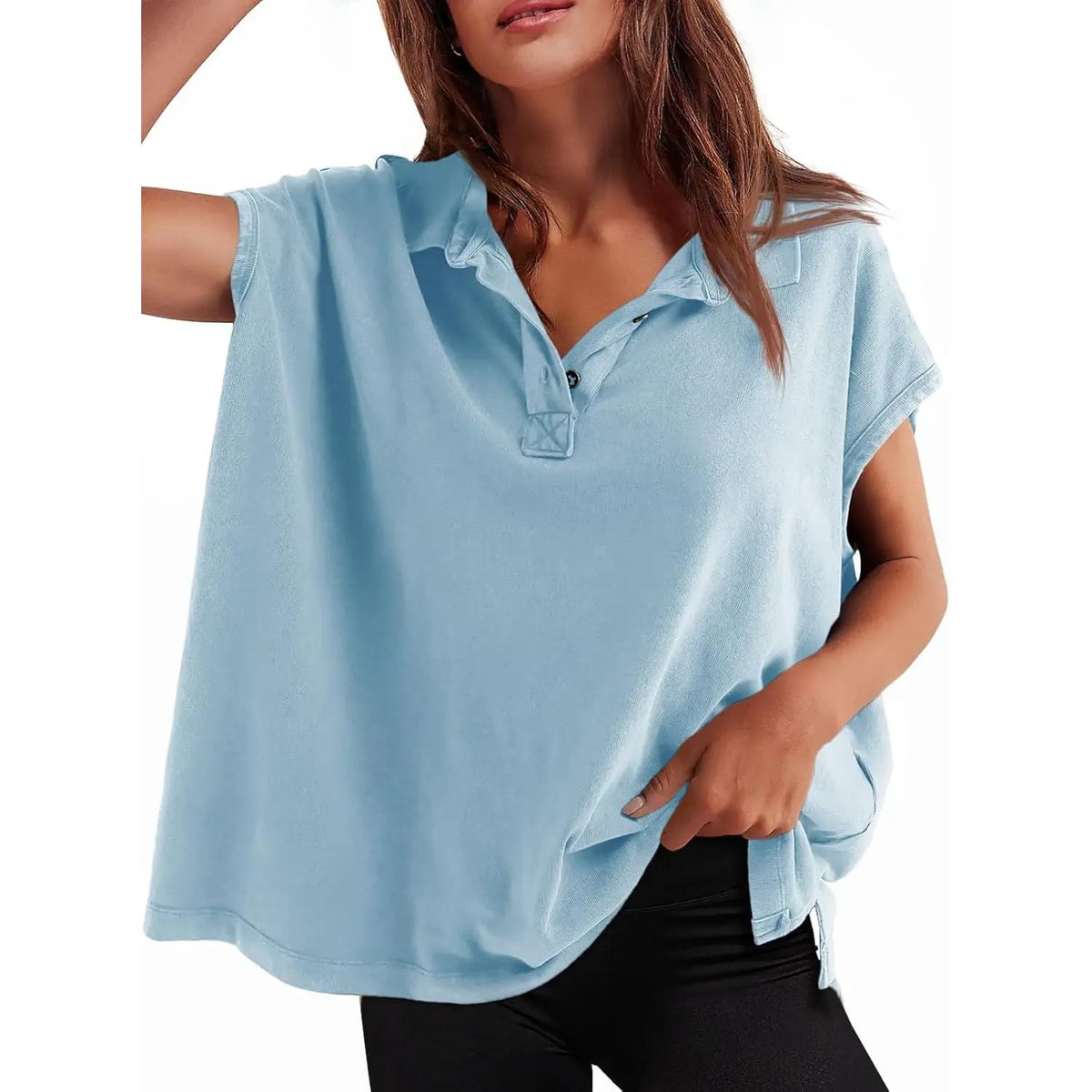 Imily Bela Womens Oversized Cap Sleeve Polo Shirts Summer Casual V Neck Tops Loose Fit Collared Cotton Tee Shirts