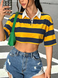 Women's Street Style Loose Fit Lightweight Short Striped Collared Polo Shirt, Casual Fashionable Versatile Breathable Summer Short Sleeve Top, Y2K Style Women's Clothing Streetwear