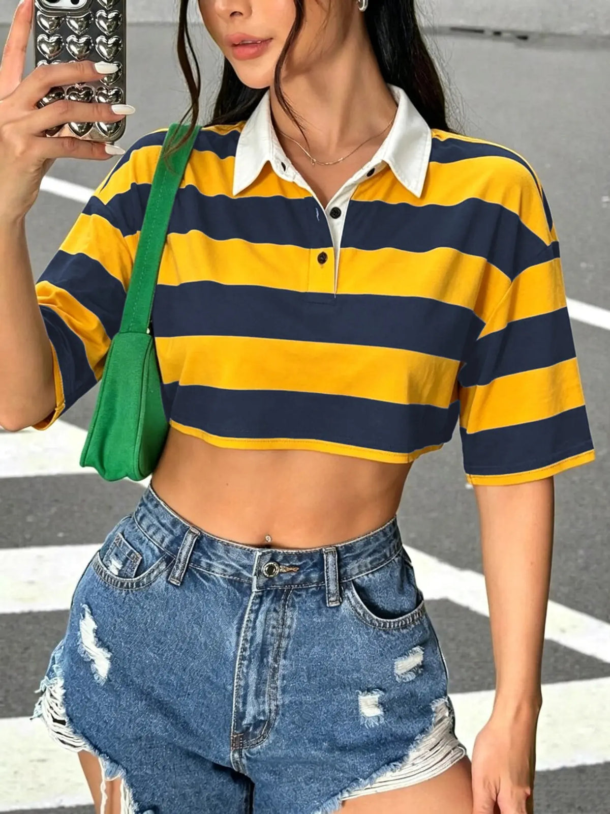 Women's Street Style Loose Fit Lightweight Short Striped Collared Polo Shirt, Casual Fashionable Versatile Breathable Summer Short Sleeve Top, Y2K Style Women's Clothing Streetwear