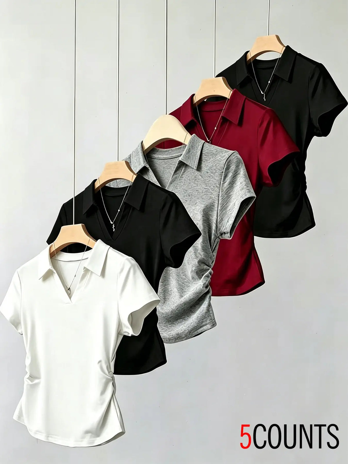 Five-Piece Collared V-Neck Waist-Cropped Short Sleeve Basic Minimalist T-Shirts for Women, Side Pleat Slim Fit Polo Shirts, Office Wear, Casual, 5 Colors