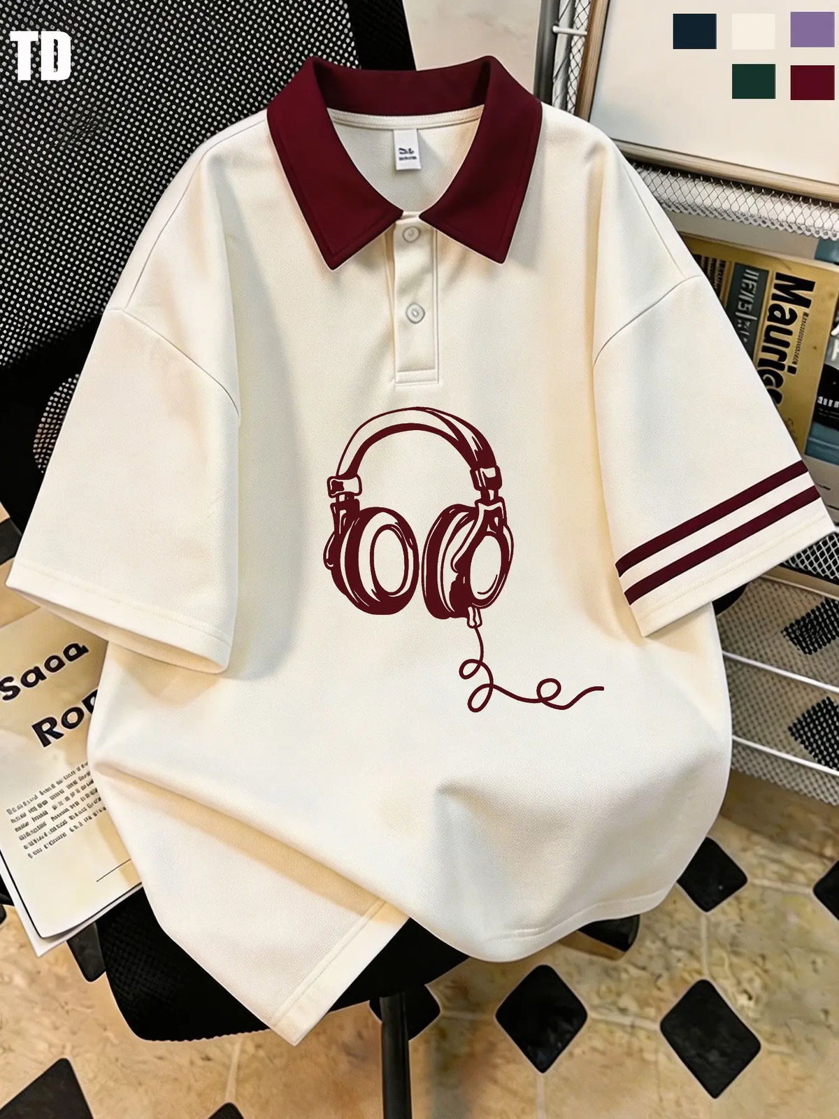 Td Retro Wired Headphones Graphic Polo Shirt, Unisex 5 Colors, Casual Summer Street Top, Fitted Patchwork Design, Music Lover Fashion Striped