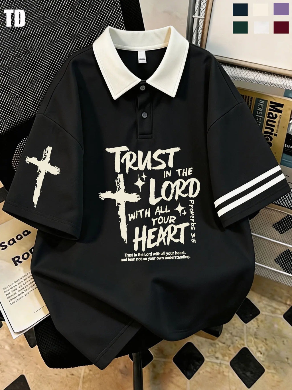 Td Rough Brush Bold Inspirational Polo Shirts, Unisex Cross Symbol Graphic, Fitted Patchwork Blouse, Streetwear for Men Women