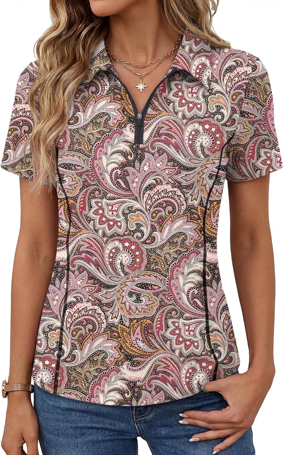 LOMON Women’s Short Sleeve Athletic Polo Shirt High Performance Stretch Quarter Zip Top for Golf Tennis