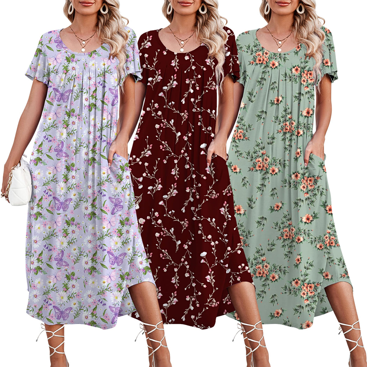 Ekouaer 3 Pack Long Nightgowns for Women House Dress with Pocket Moo Moos