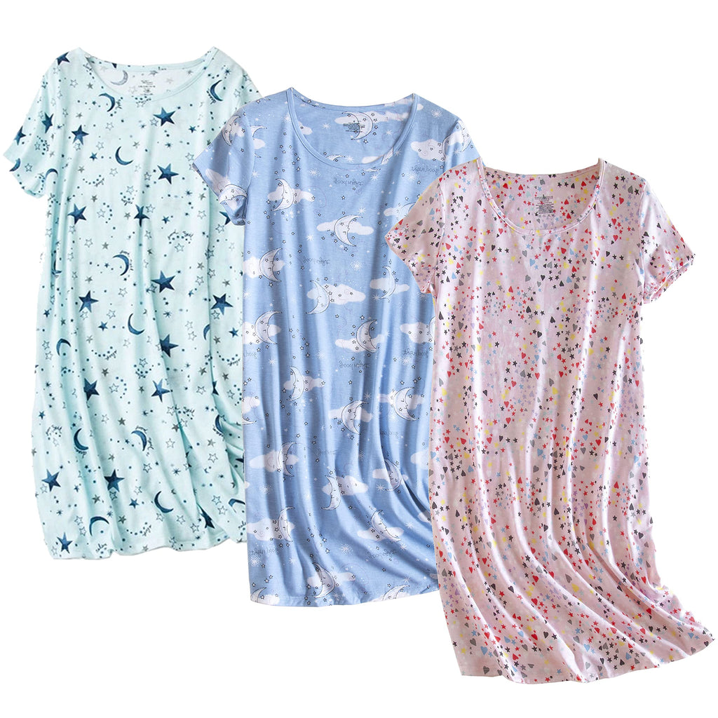 PNAEONG 3 Pack Women's Cotton Nightgown Short Sleeve Shirt Print Sleepdress
