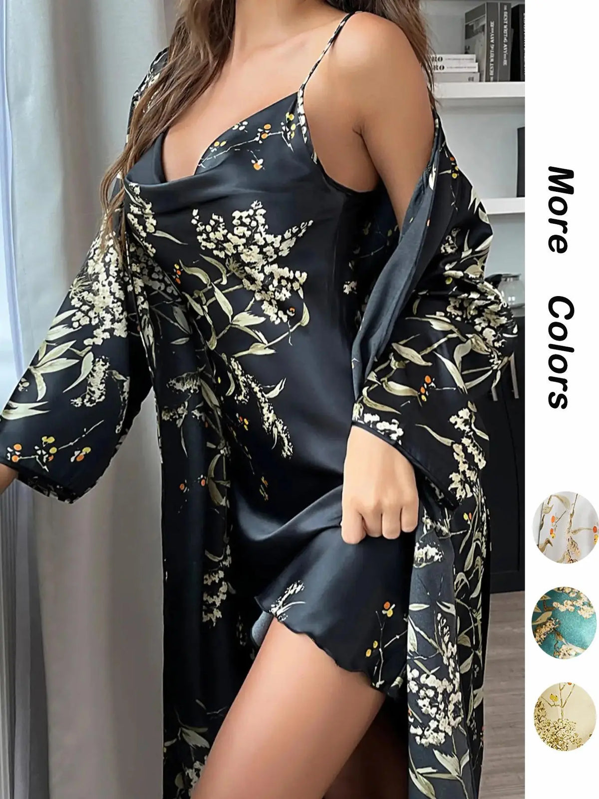 @Shopwithjulie Collection 2 Piece Set, Womenswear, Women's Lady Fitted Casual Floral Print Pyjama Set, Cowl Neck Cami & Belted Pj Robe, Fall Outfits, Women Sleepwear Loungewear Set, Long Sleeve, Style, Sleepwear Homewear Clothes, Loungewear Nightwear
