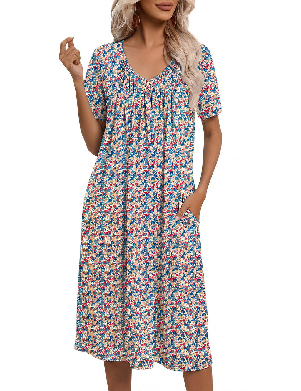 Ekouaer Nightgowns for Women with Pockets House Dress Pleated Night Gowns
