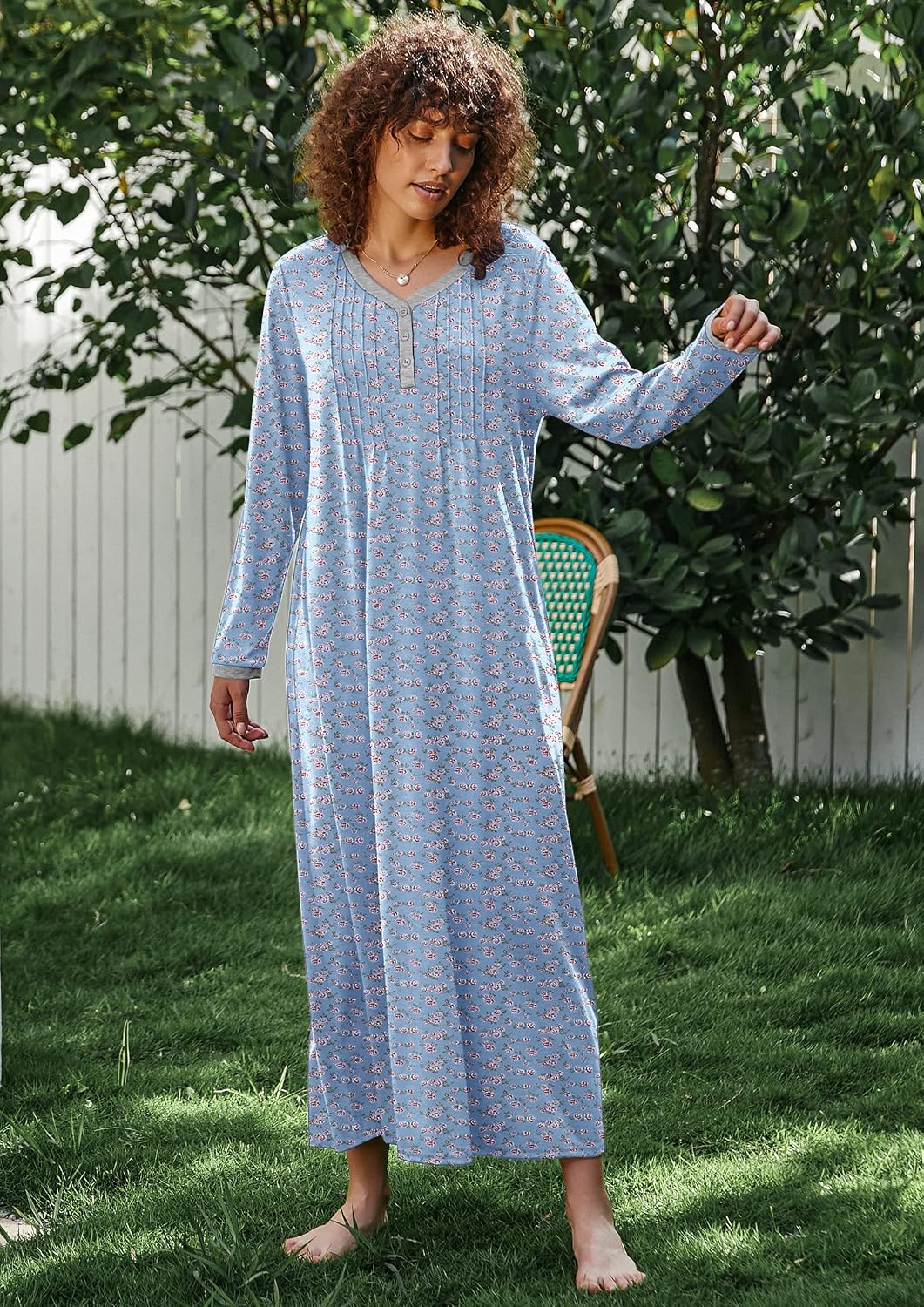 Ekouaer Women's Long Sleeve Nightgown Full Length Sleepwear Long Sleepshirts Henley Sleep Dress