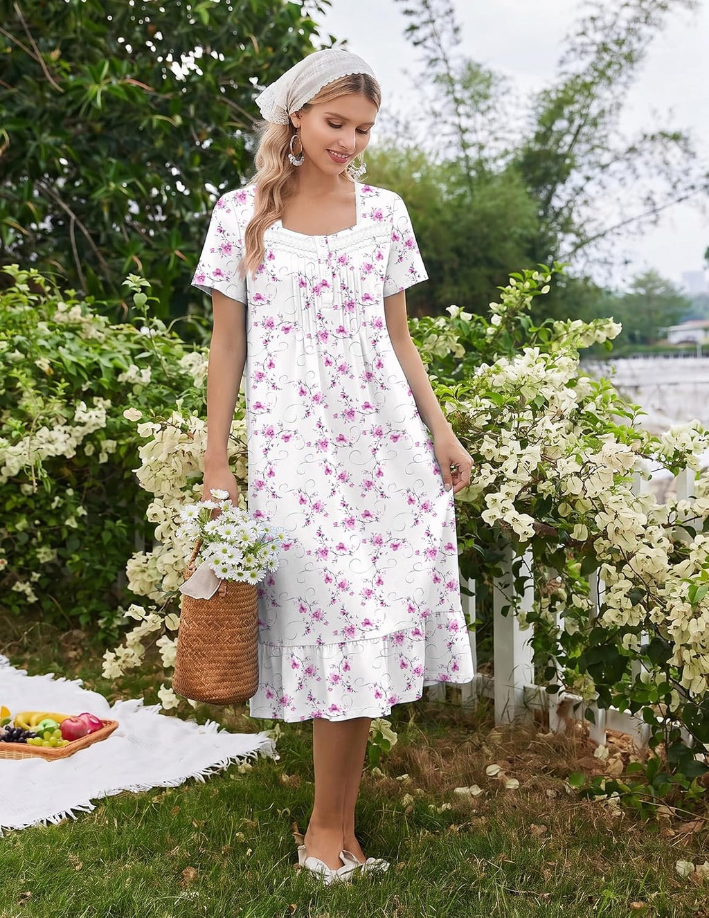 Ekouaer Cotton Long Nightgowns for Women Short Sleeve Button House Dress