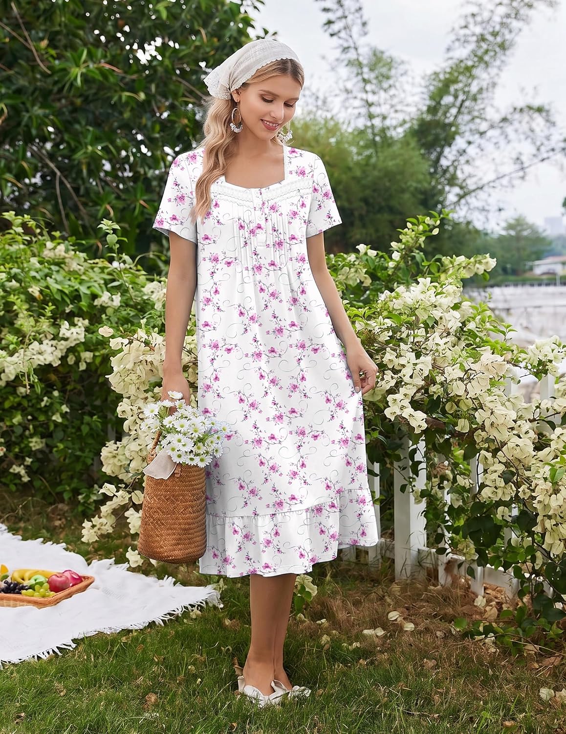 Ekouaer Cotton Long Nightgowns for Women Short Sleeve Button House Dress